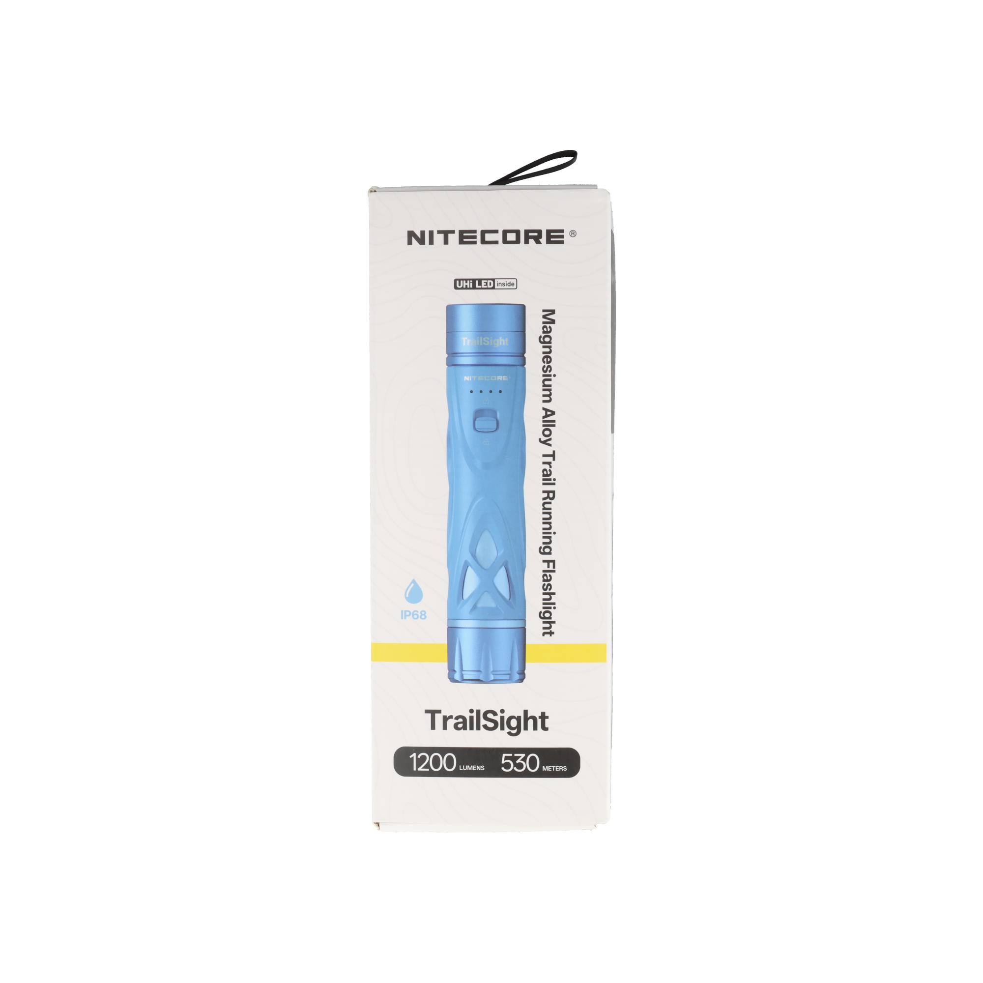Nitecore TrailSight Taschenlampe Box mit einer blauen magnetischen Legierungsleuchte zum Trailrunning, mit der Beschriftung 1200 Lumen und 530 Meter Reichweite.