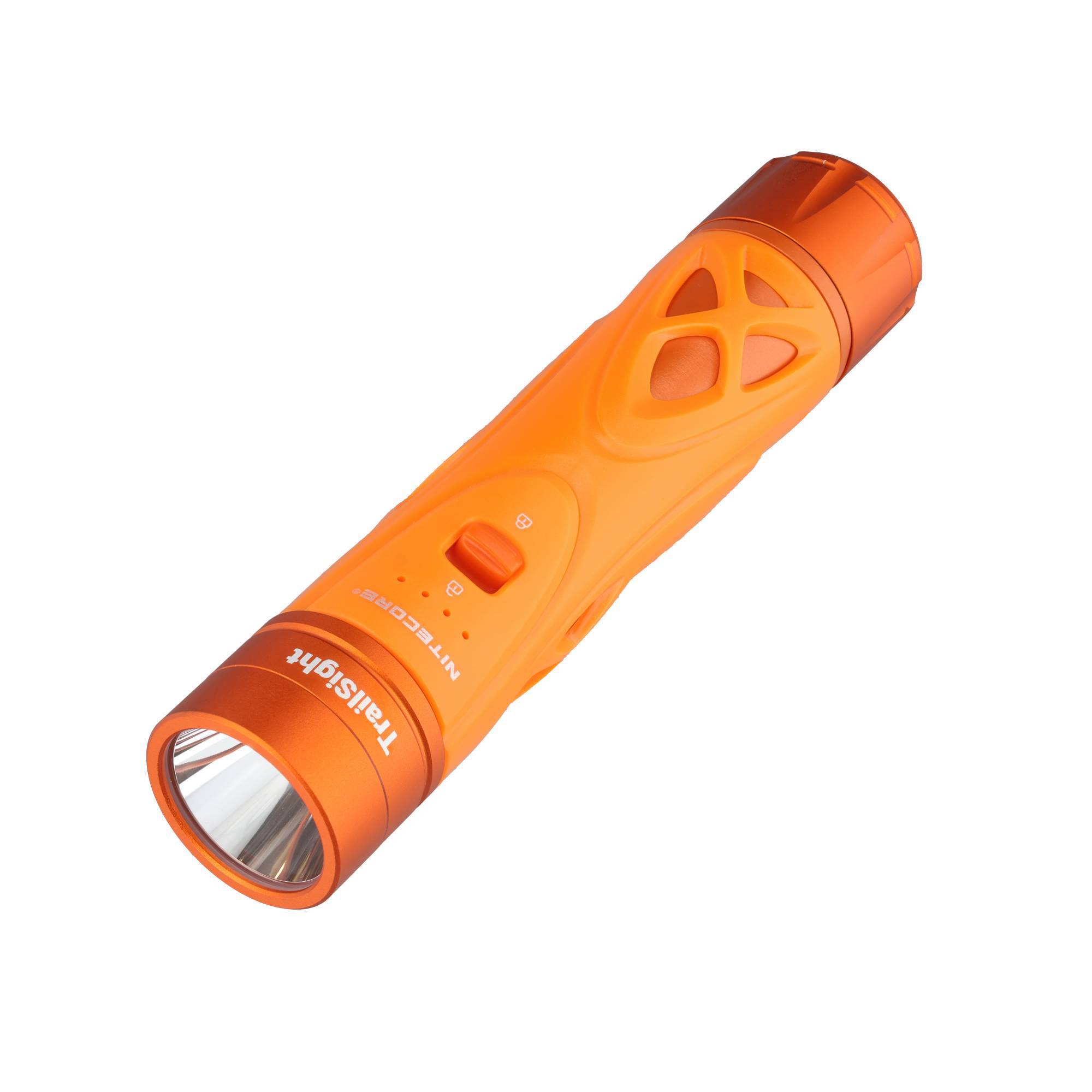 Orange-farbige tragbare Taschenlampe mit strukturiertem Griff, Seitenschalter und schwarz eingefasstem Objektiv, dargestellt auf einfachem weißem Hintergrund.