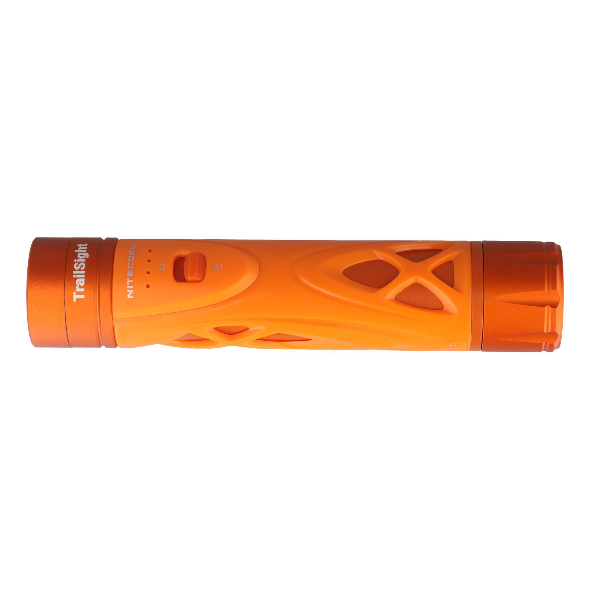 Orange Trailsight Taschenlampe mit Seitenschalter, horizontal auf weißem Hintergrund dargestellt.