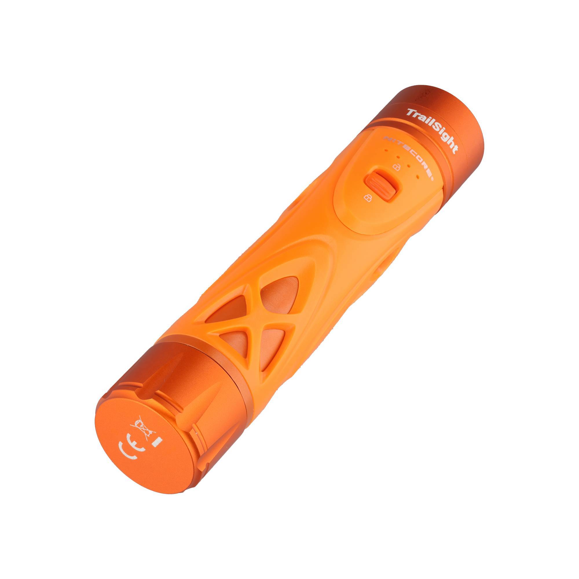 Orange TrailSight Taschenlampe mit strukturiertem Griff und Seitenschalter, gezeigt auf einem einfachen weißen Hintergrund.