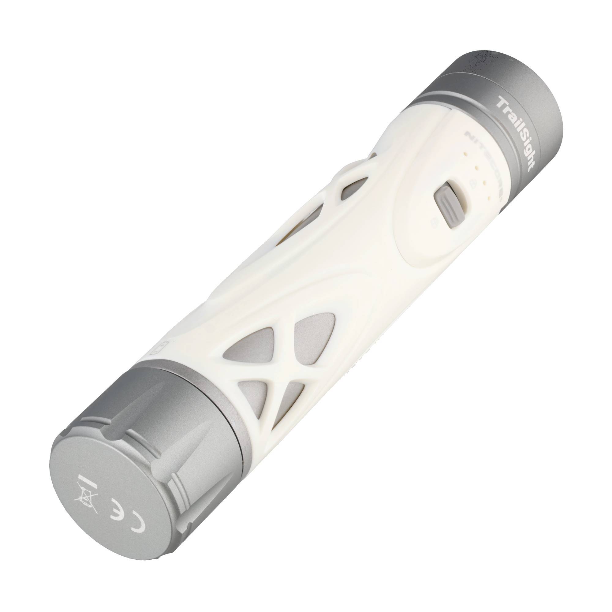 Weiße und graue tragbare Taschenlampe oder tragbares Gerät diagonal auf einfachem Hintergrund dargestellt.