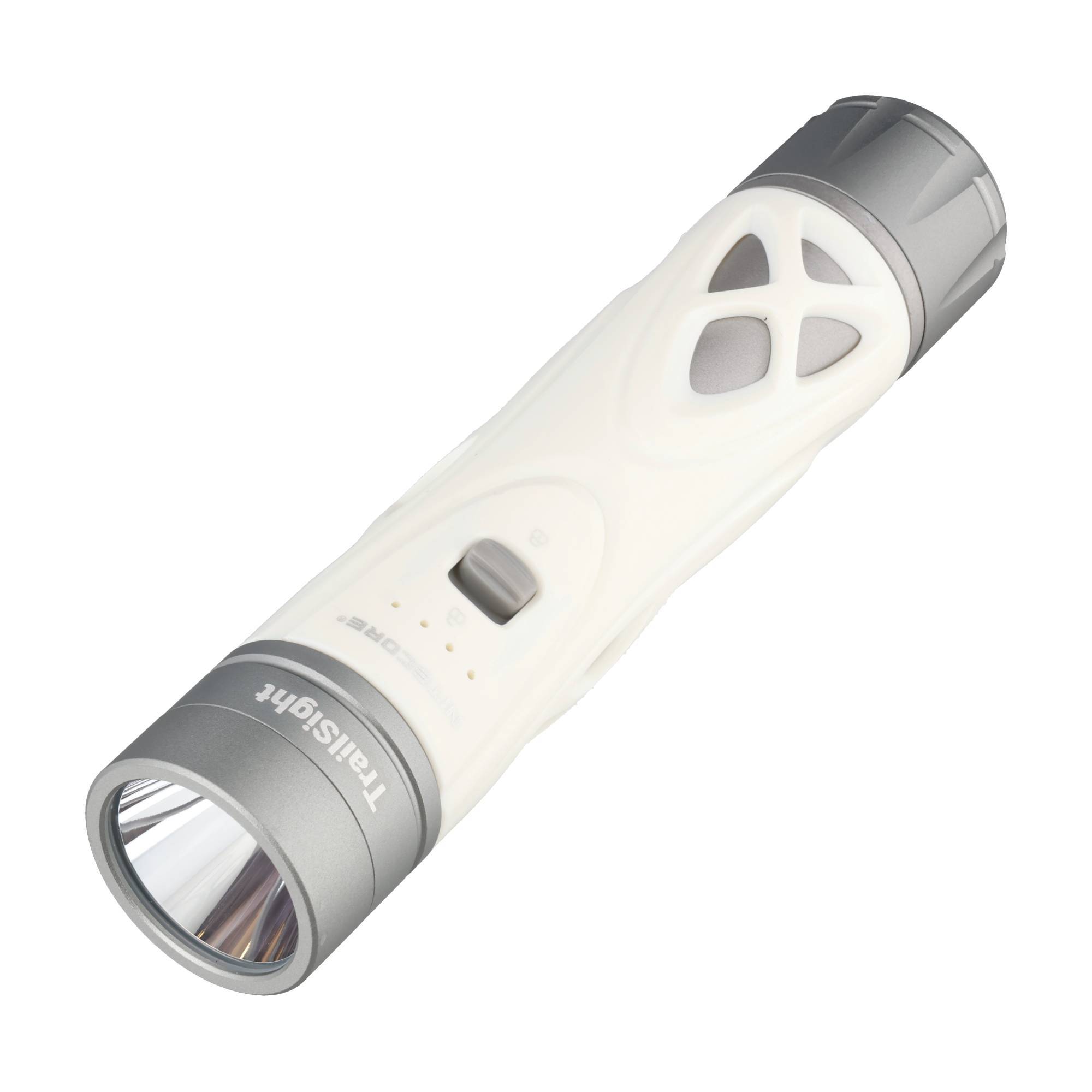 Weiße und graue Thalight-Taschenlampe mit Seitenschalter und strukturiertem Kopf, gezeigt auf einfachem weißem Hintergrund.