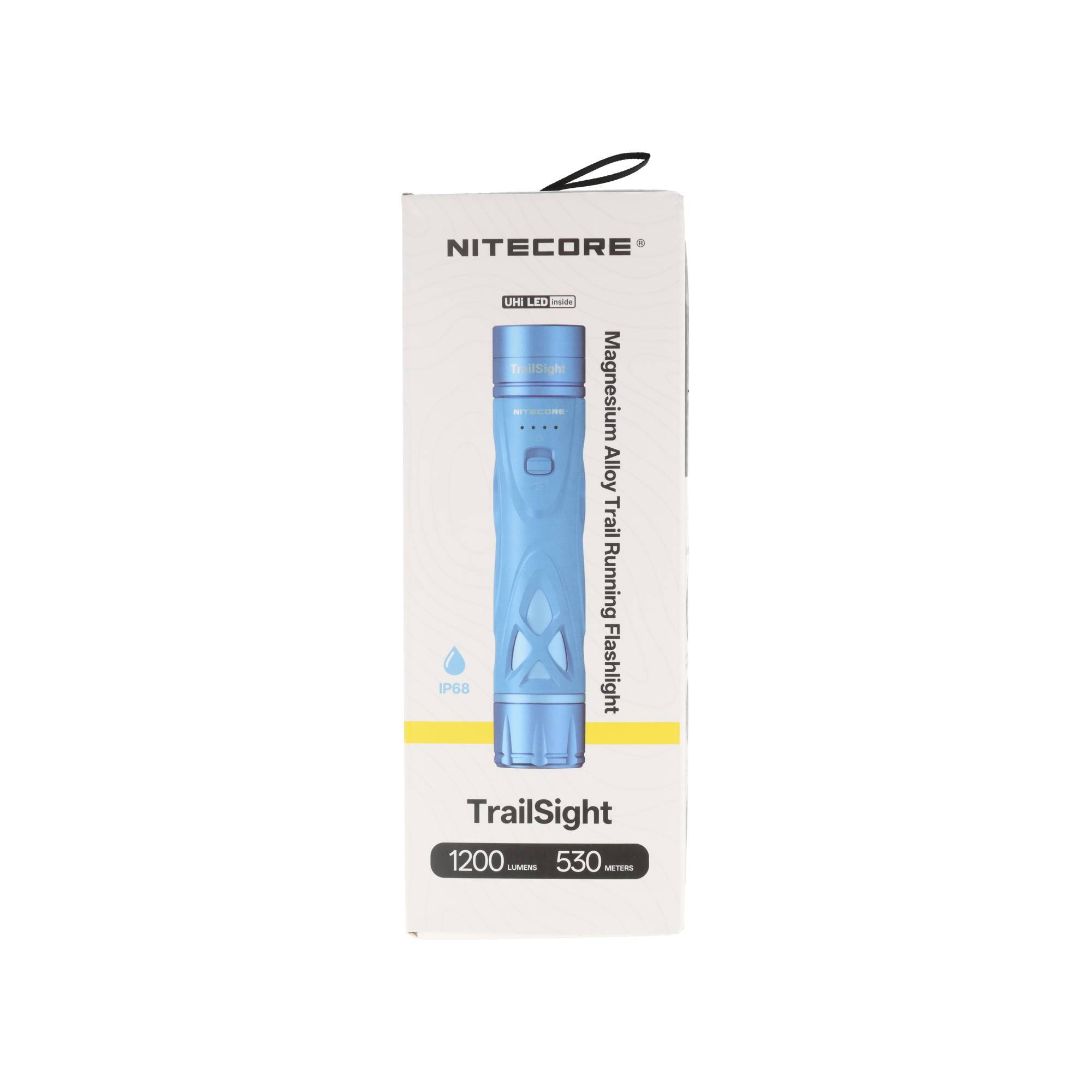 NITECORE TrailSight Taschenlampe Verpackung mit einer blauen Magnesiumlegierungs-Trail/Ranch-Taschenlampe, 1200 Lumen und 530 Meter Reichweite.