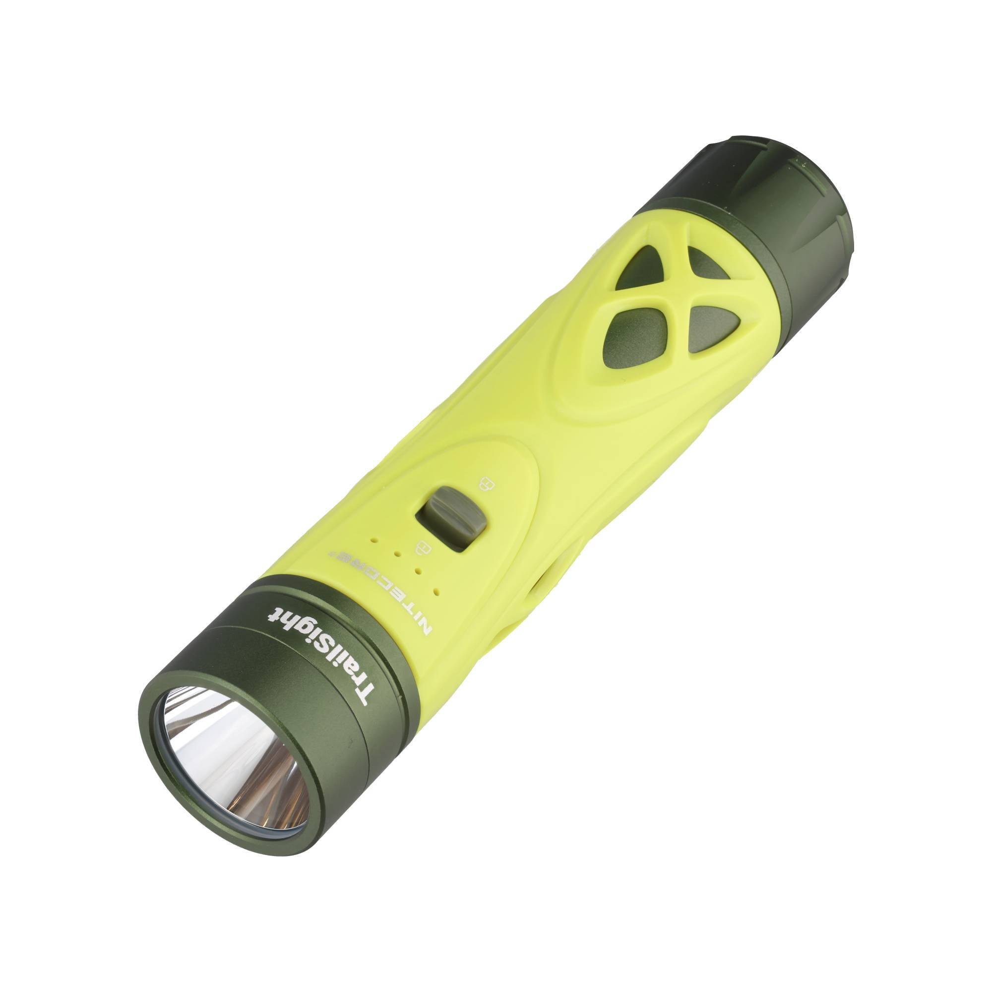 Gelbe und schwarze tragbare Taschenlampe mit Seitegriff und vorderer Linse, dargestellt auf weißem Hintergrund.