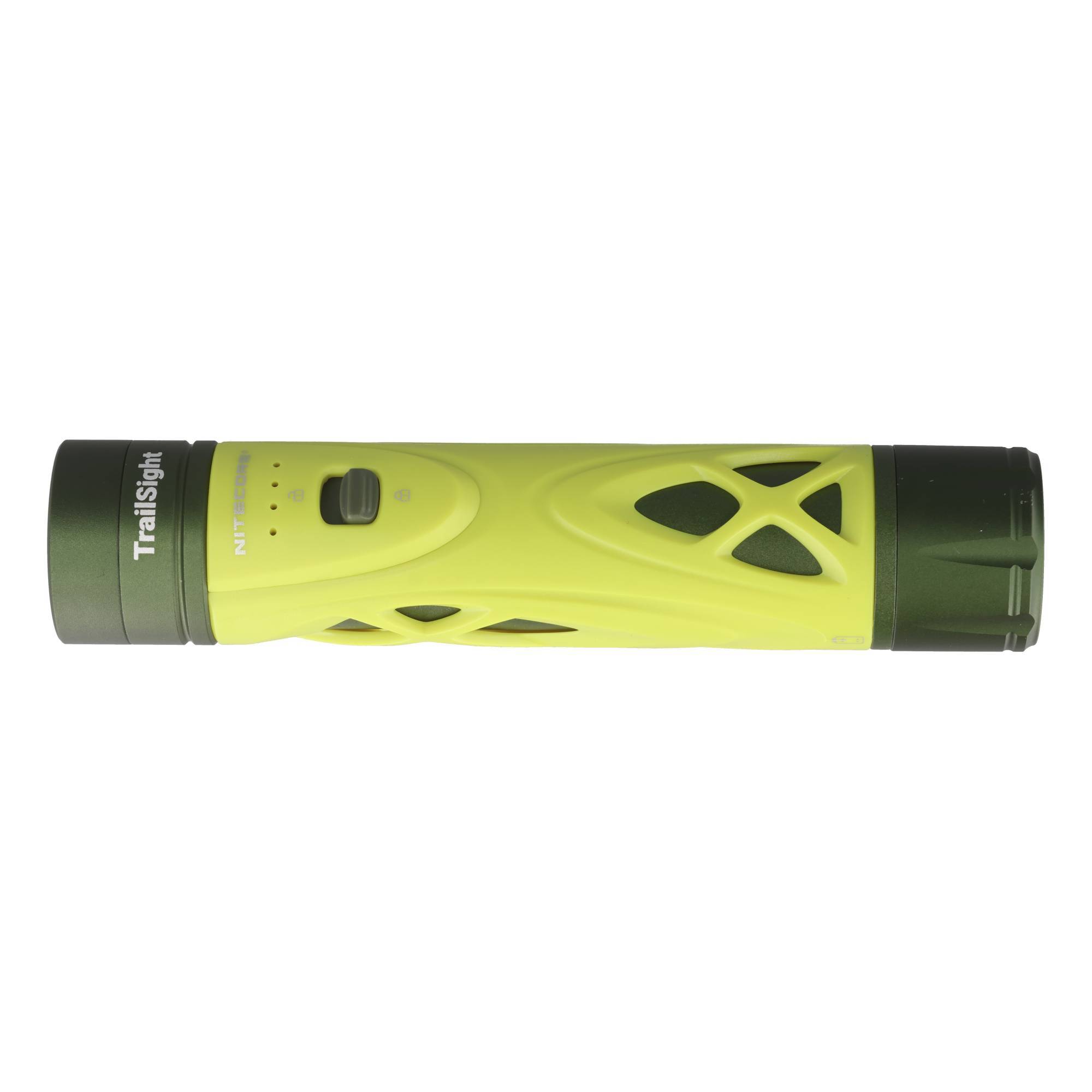 Grüne Taschenlampe mit schwarzen Enden und seitlichem Netzschalter, horizontal vor weißem Hintergrund dargestellt.