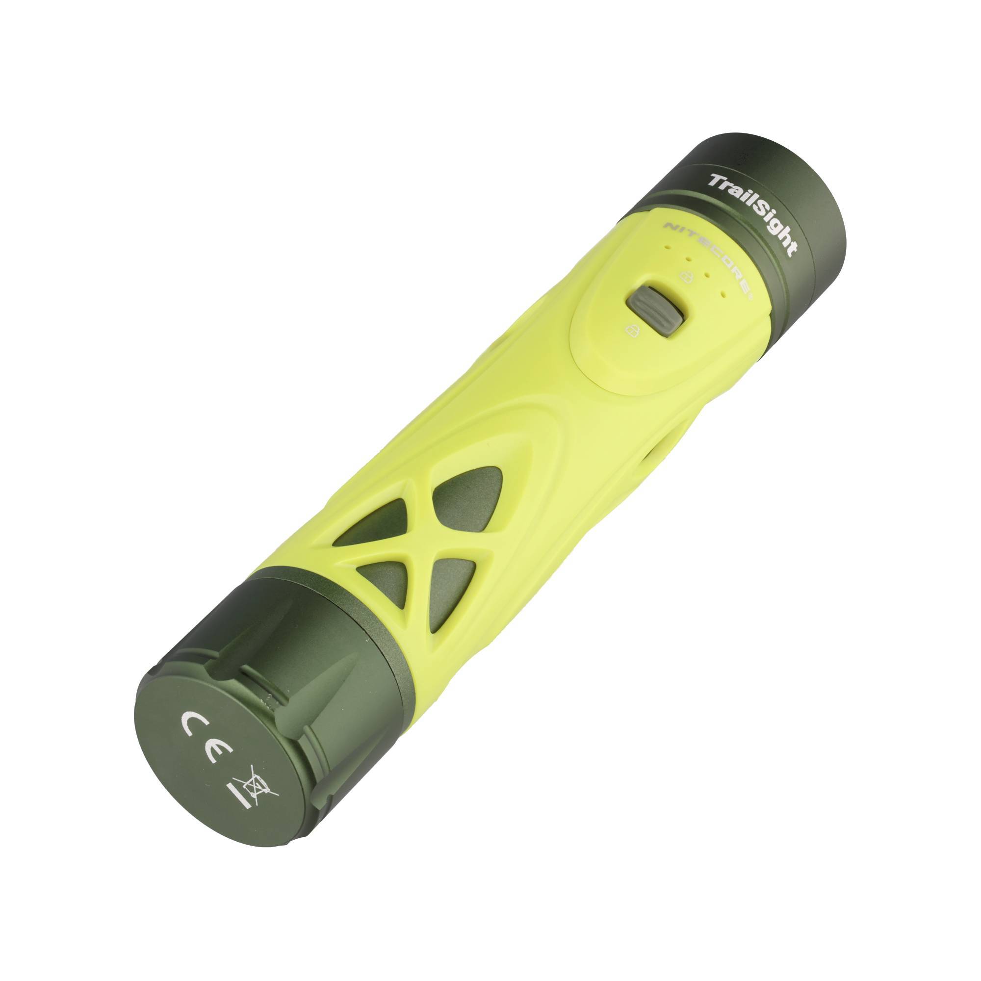 Gelbe TrailSight-Taschenlampe mit schwarzen Enden und Seitenschalter auf weißem Hintergrund.