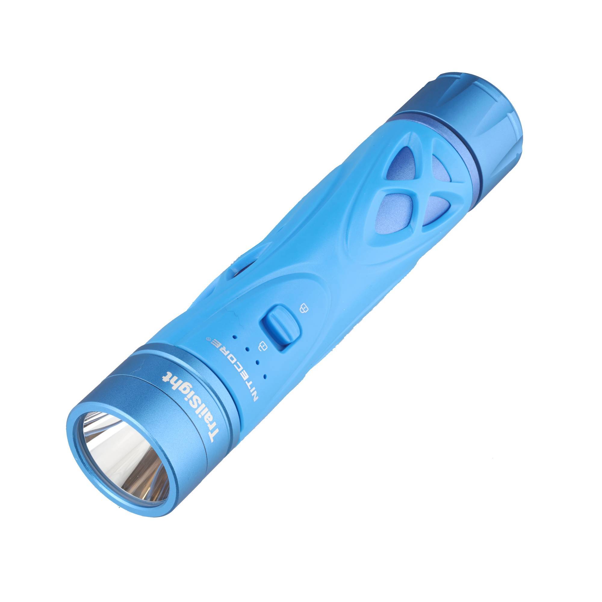 Blaue tragbare Taschenlampe mit Seitenschalter und strukturiertem Griff, auf weißem Hintergrund dargestellt.