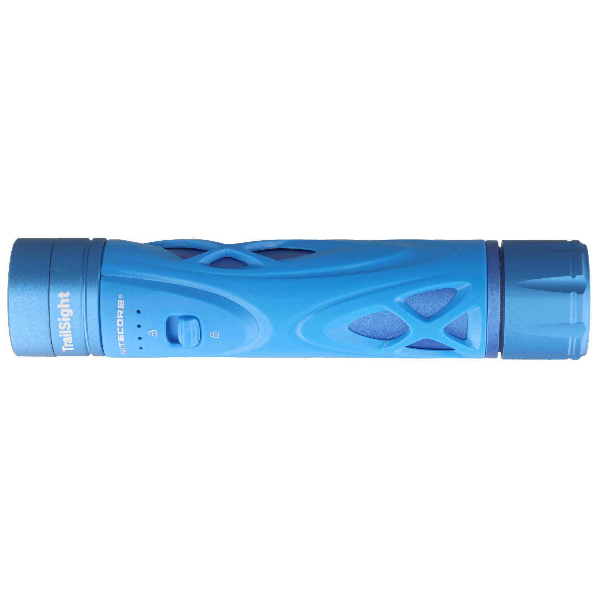 Blaue zylindrische Taschenlampe mit geripptem Gehäuse, Seitenschalter und „Transight"-Branding auf weißem Hintergrund.