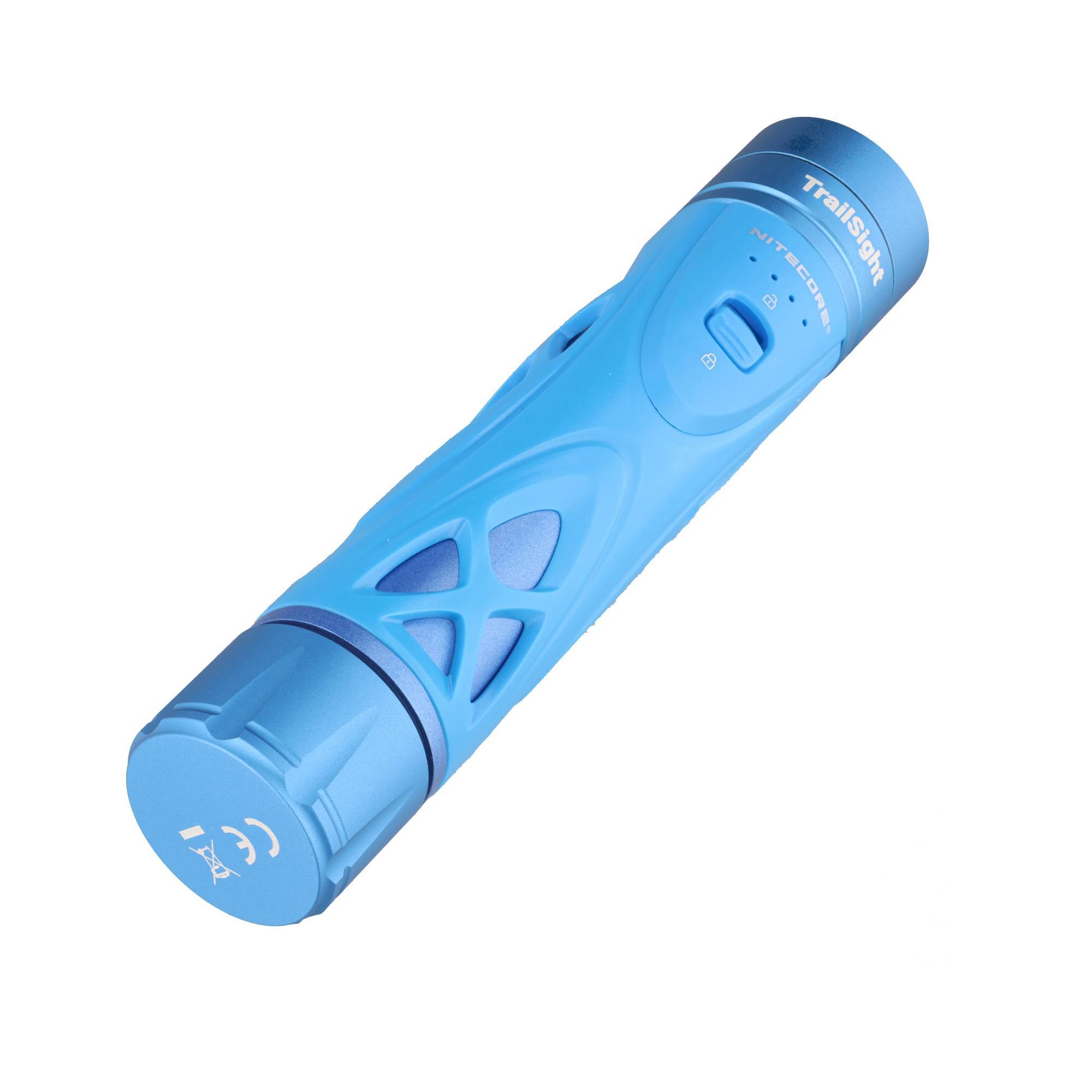 Tragbare Taschenlampe "Blue TrailSight"" mit gerilltem Griff und Schalter, gezeigt auf einfachem weißem Hintergrund.