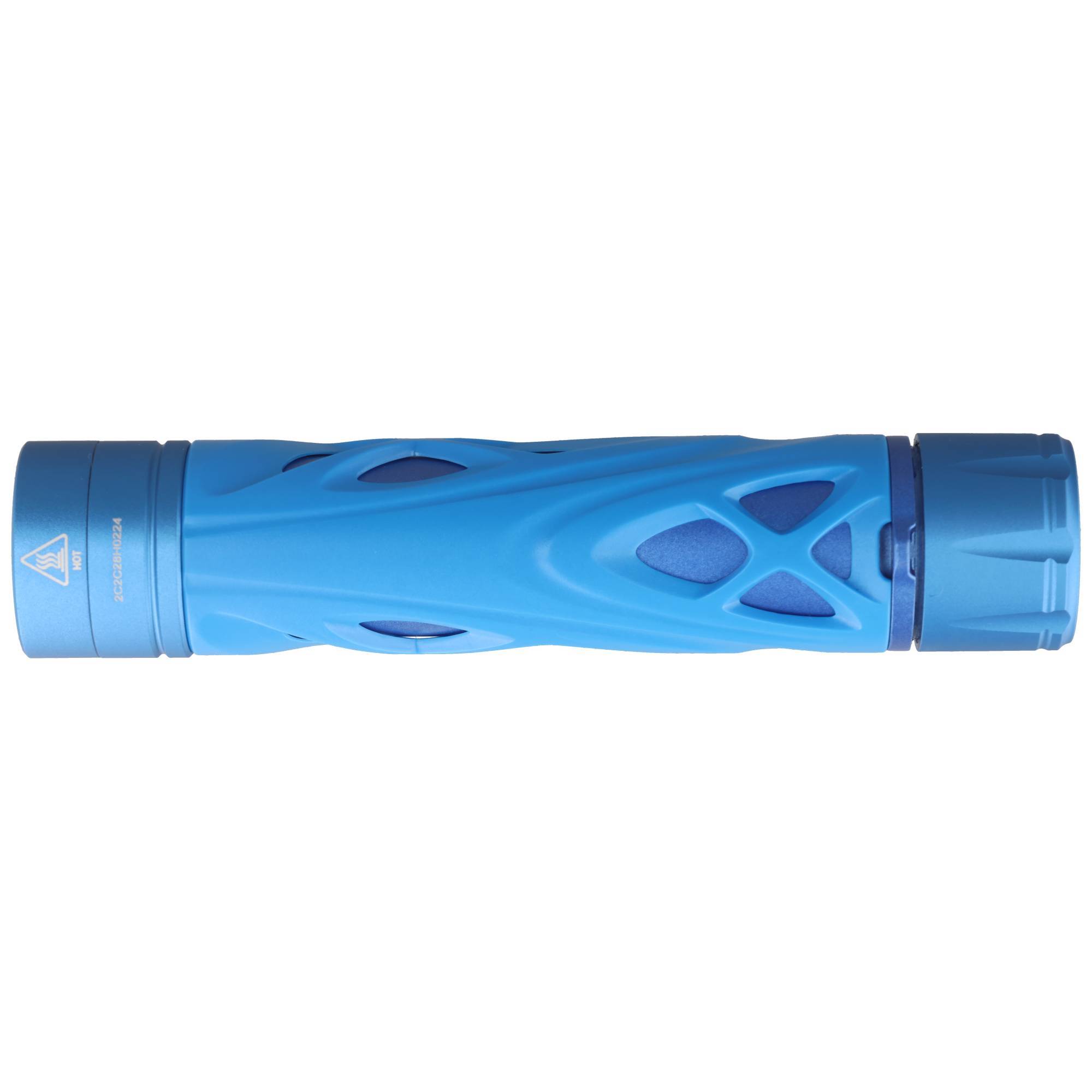 Blaue tragbare Taschenlampe mit strukturiertem Griff und breiteren Kopf, horizontal auf weißem Hintergrund dargestellt.