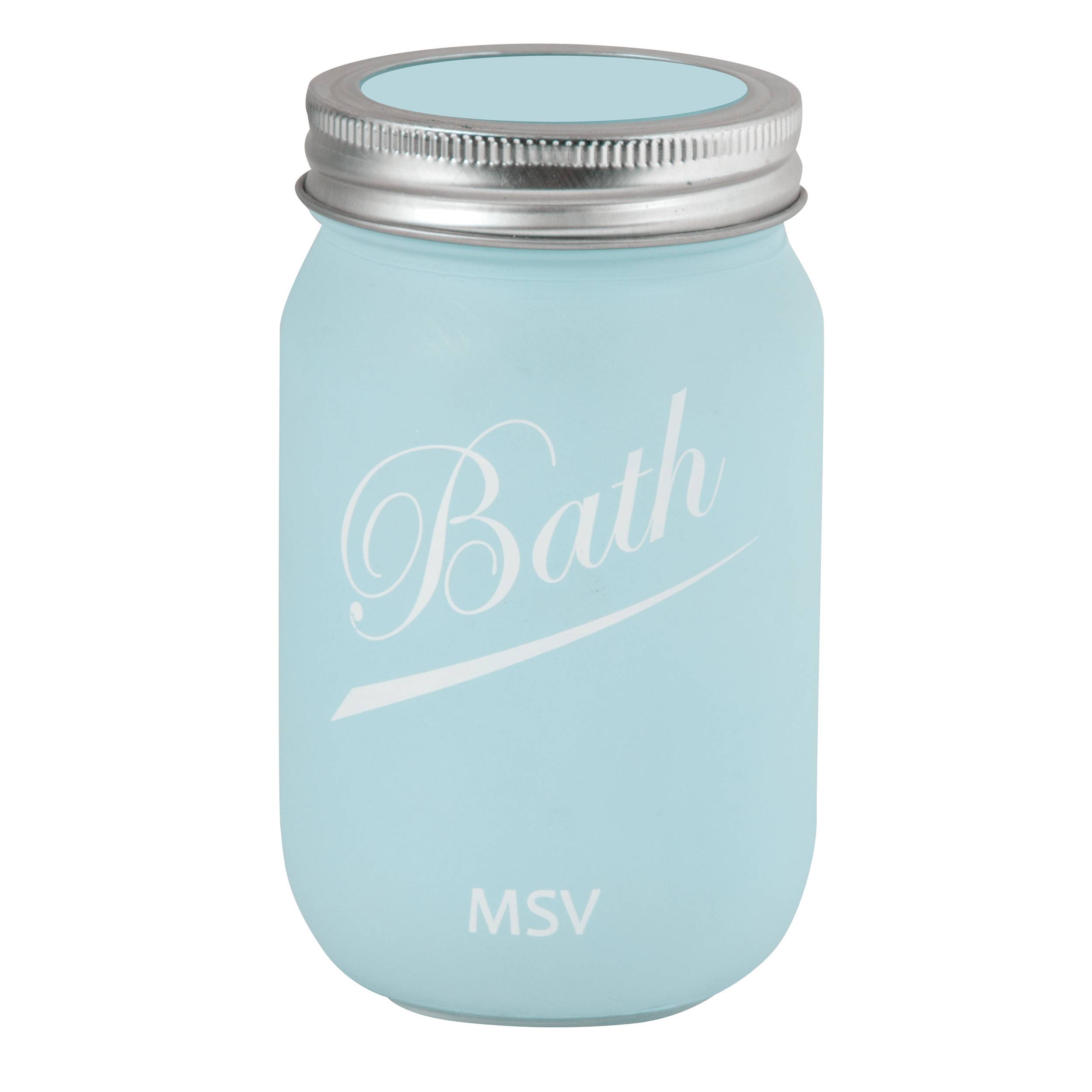 Hellblaues Einmachglas im Mason-Stil mit der Aufschrift 