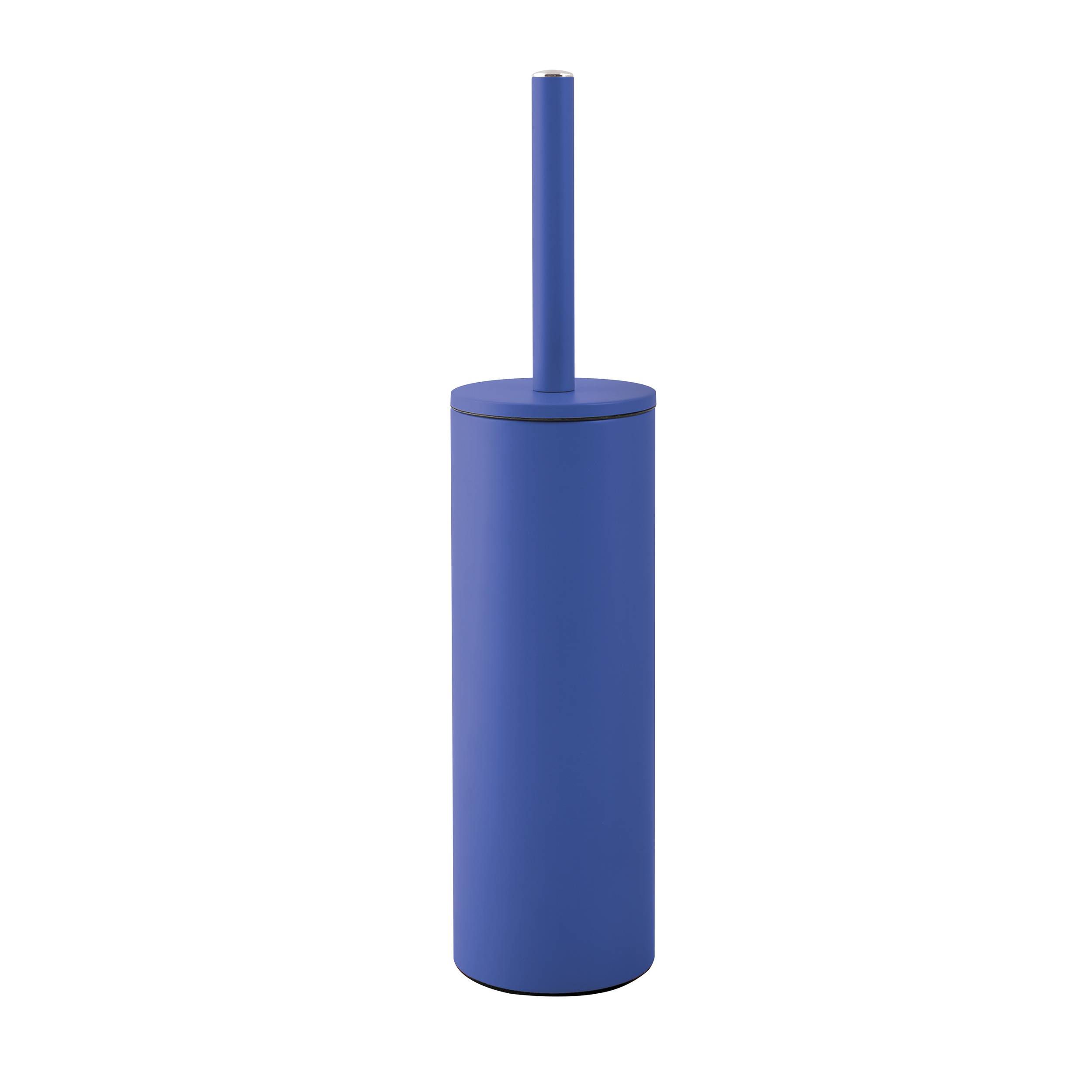 Blaue Toilettenbürste mit zylindrischem Behälter und langem Griff, auf weißem Hintergrund abgebildet.