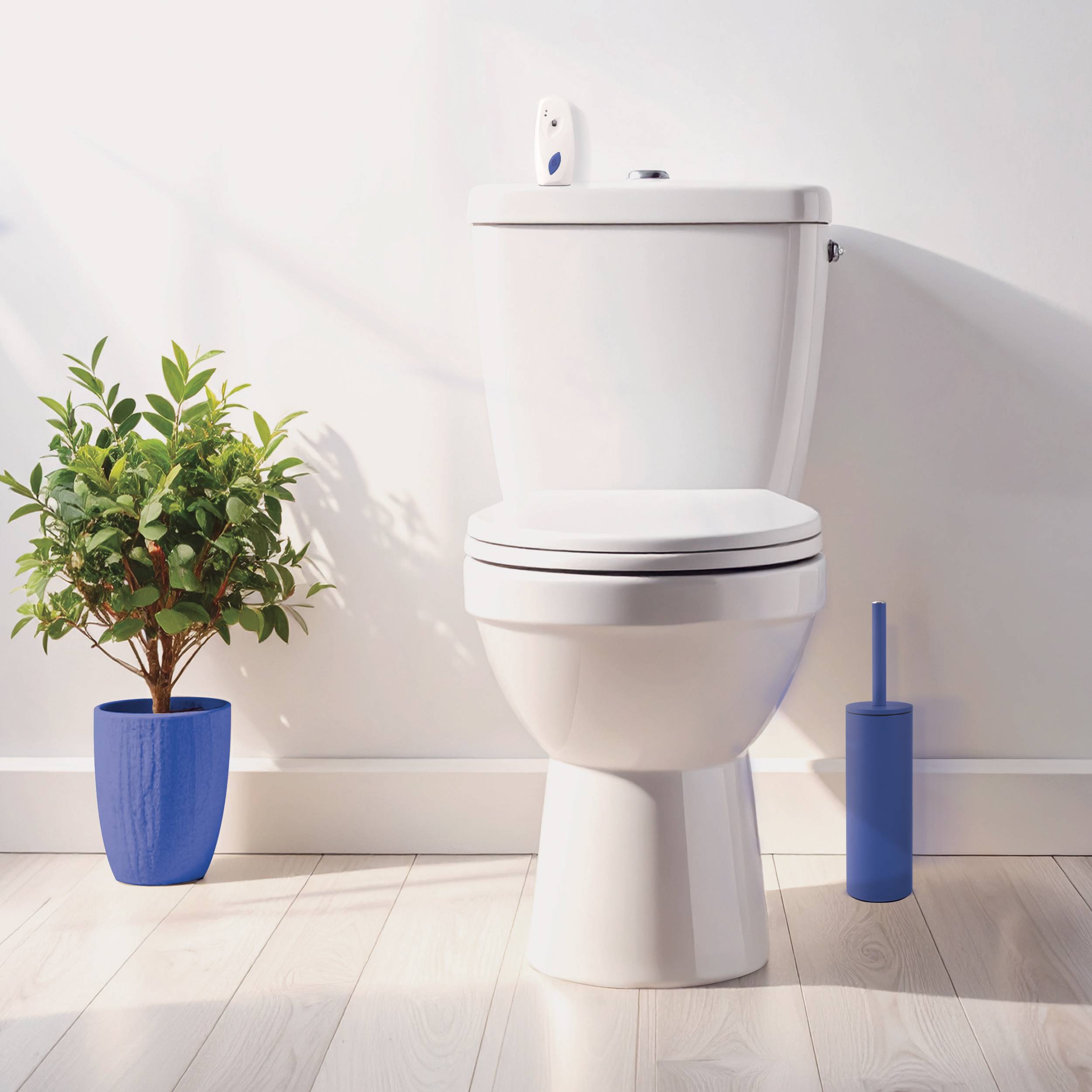 Weiße Toilette in einem hellen Badezimmer mit einer Topfpflanze in einem blauen Blumentopf und einem blauen Toilettenbürsten-Halter daneben.