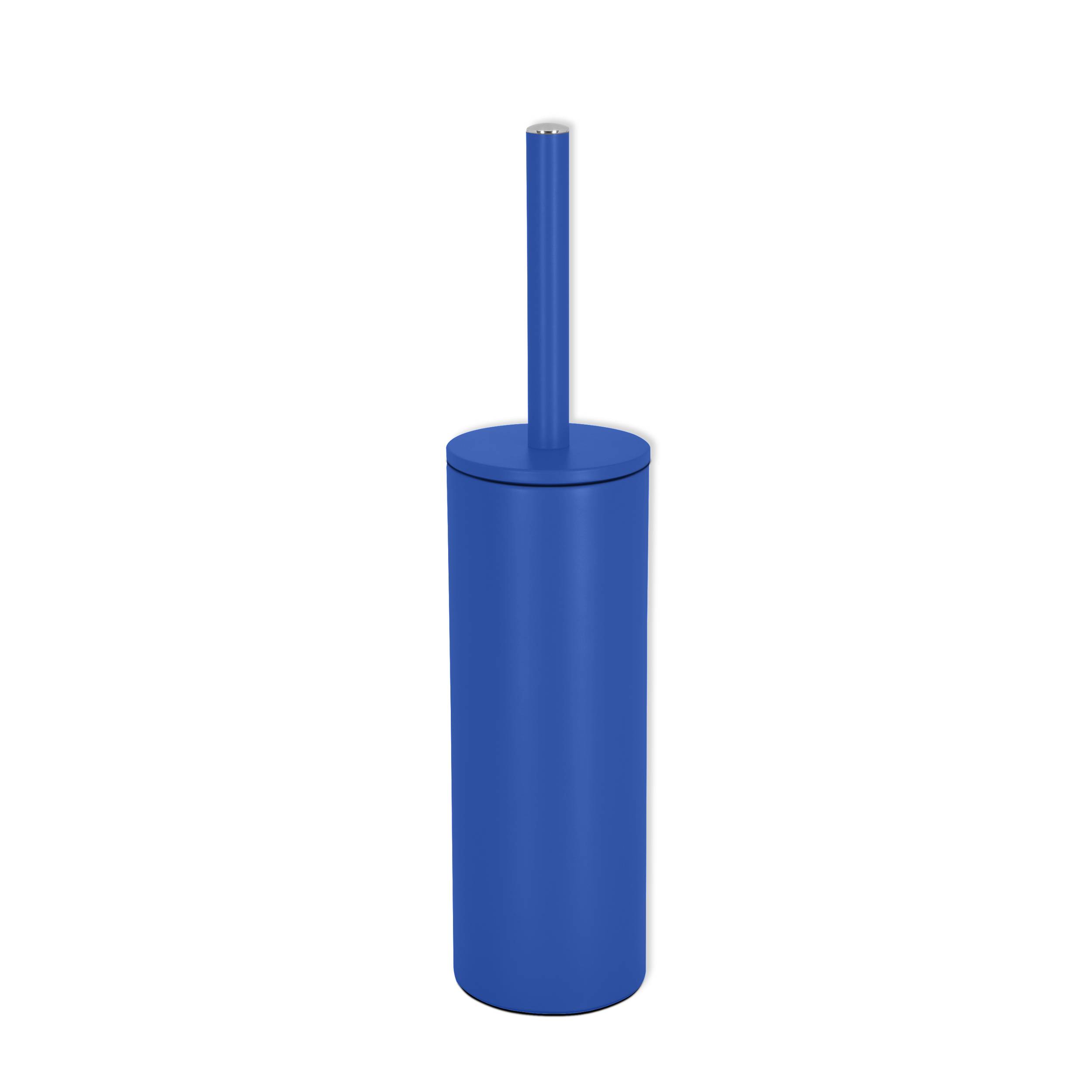 Blaue Toilettenbürste mit zylindrischem Halter und langem Griff, isoliert auf weißem Hintergrund.