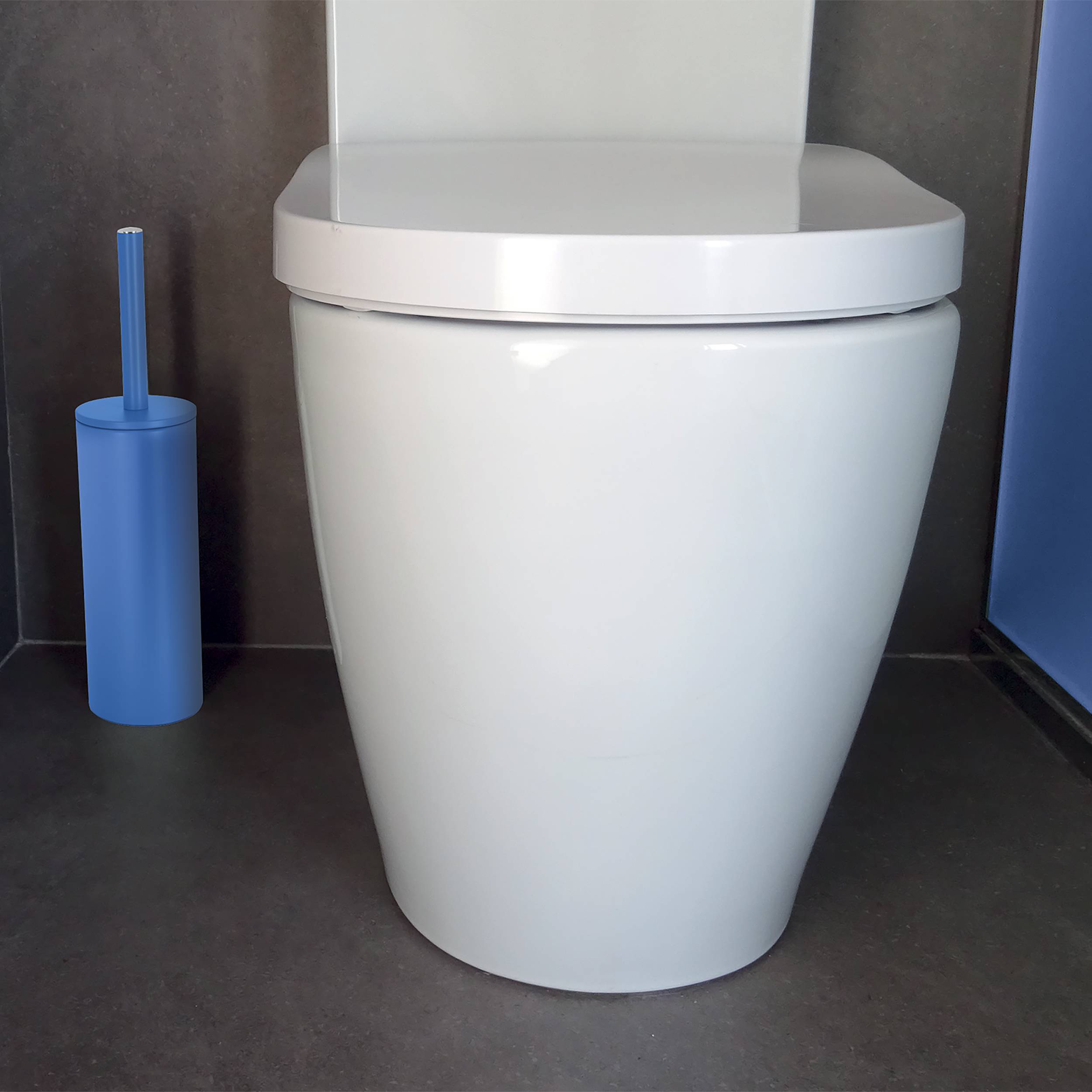 Weiße moderne Toilette mit blauem Toilettenbürsten-Behälter daneben in einer Badezimmerkabine oder Ausstellung.