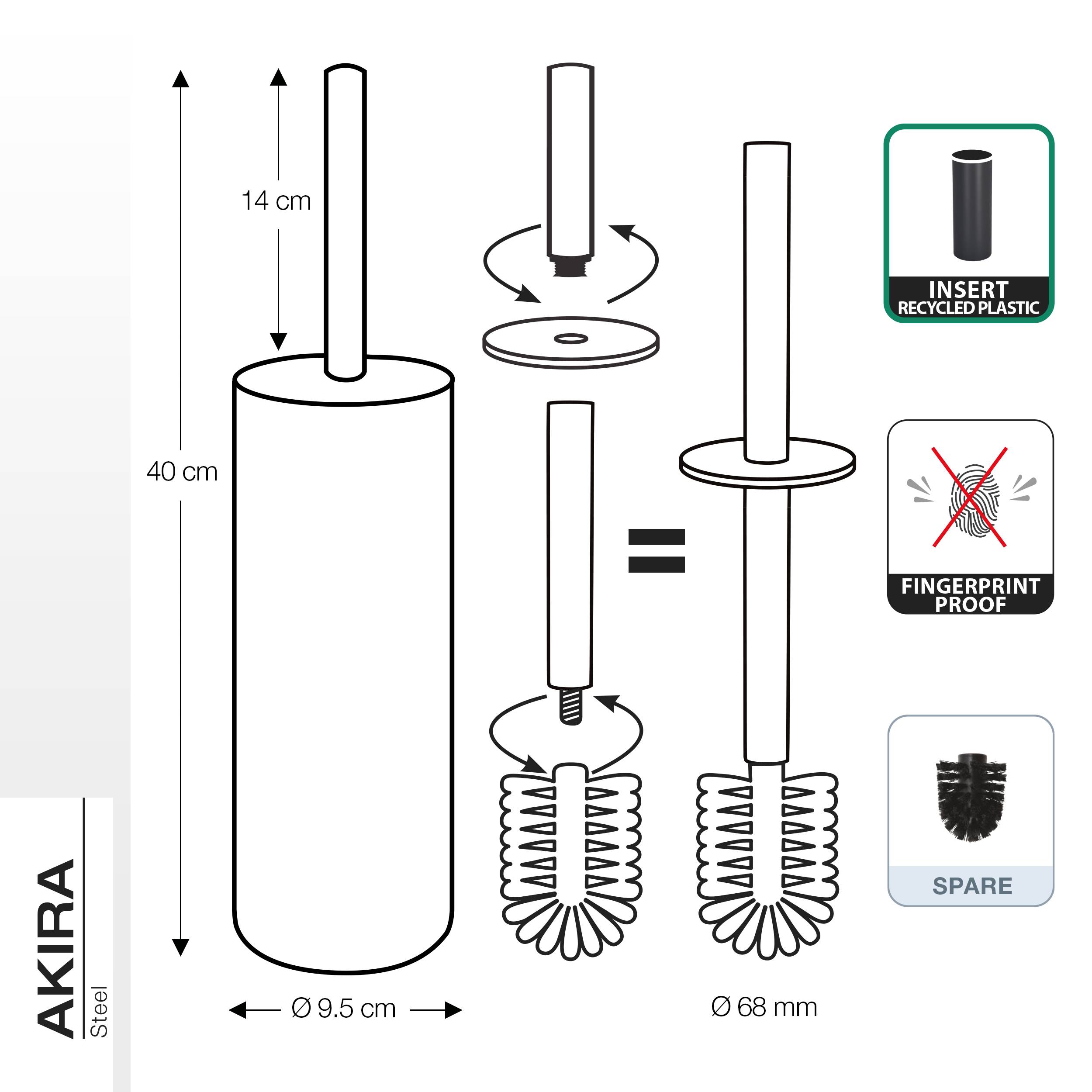 Montagediagramm eines AKIRA-Stahl-Toilettenbürstenhalters mit 40 cm Höhe, 9,5 cm Basisdurchmesser, 14 cm Einsatz und Bürstenmontageteilen mit Recyclingkunststoff, fingerabdruckresistent und Ersatzteil-Symbolen.