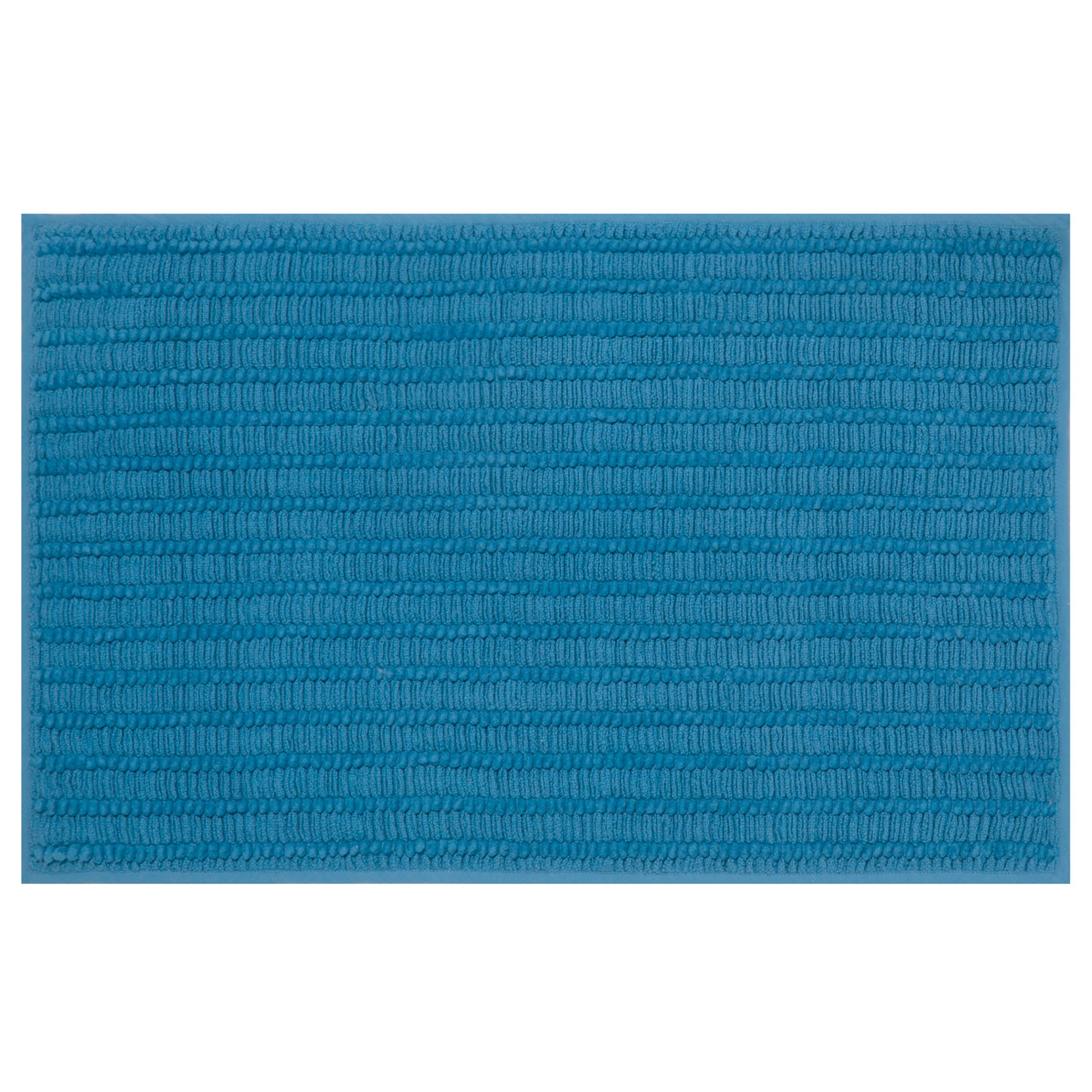 Blaue rechteckige Stoffmatte mit Textur und horizontalen Rippen, vor weißem Hintergrund gezeigt.