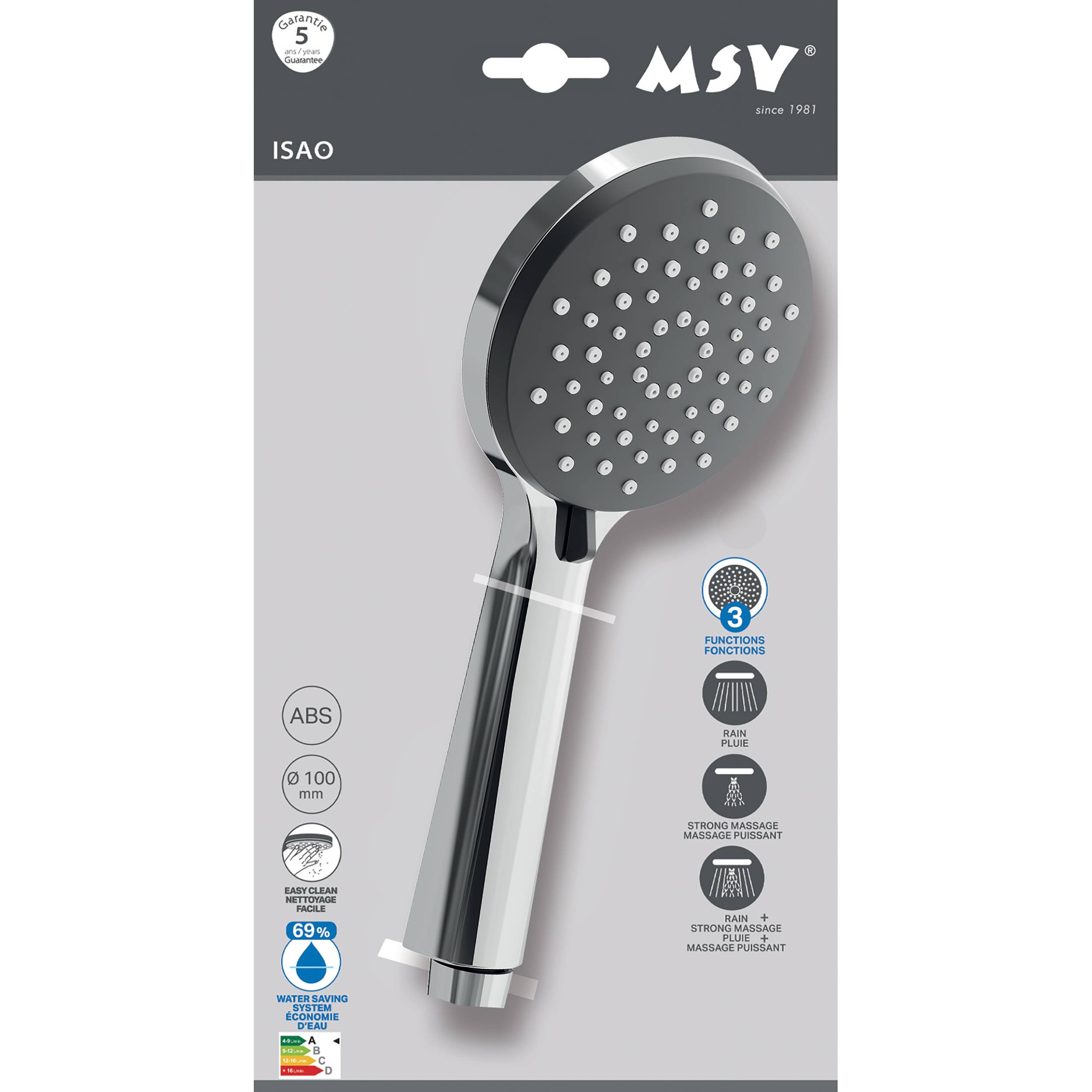 Produktverpackung mit einer tragbaren Duschkopf von MSV mit der Bezeichnung „ISAO", mit 3 Funktionen, 100 mm ABS-Duschkopf und 5 Jahren Garantie.