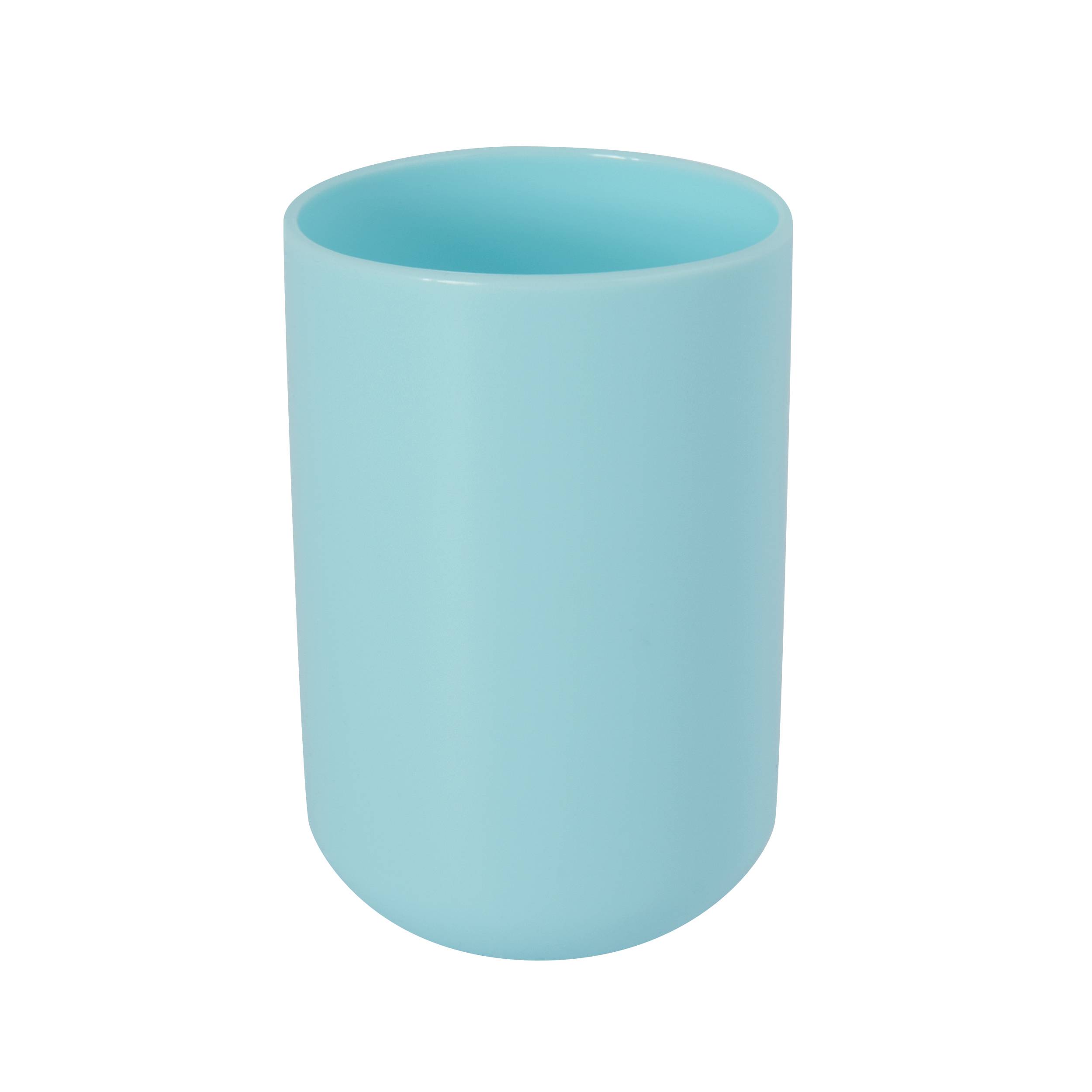 Hellblauer zylindrischer Becher oder Trinkbecher auf einem schlichten weißen Hintergrund.