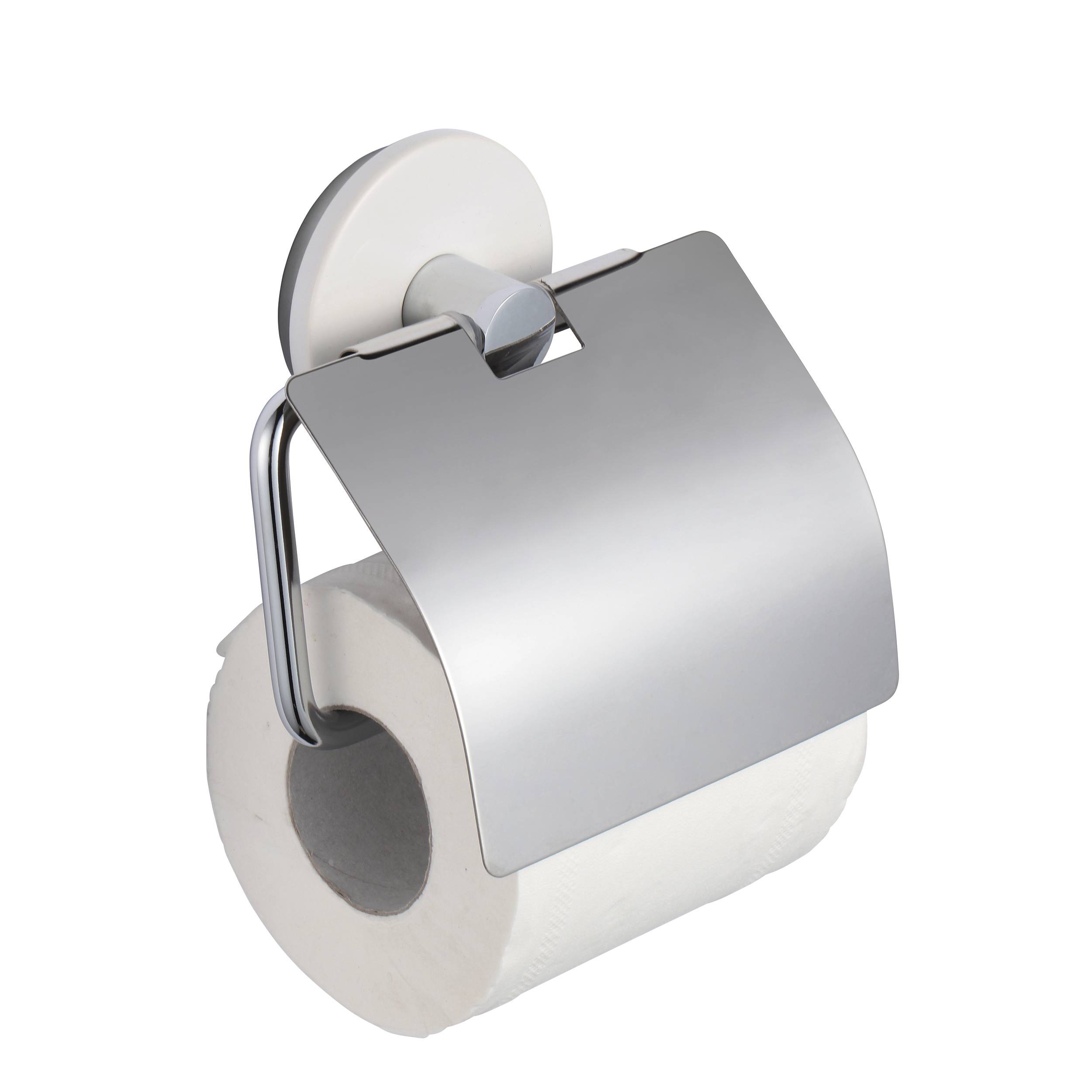 Edelstahlhalter für Toilettenpapier, montiert auf einer Rolle Toilettenpapier vor weißem Hintergrund.