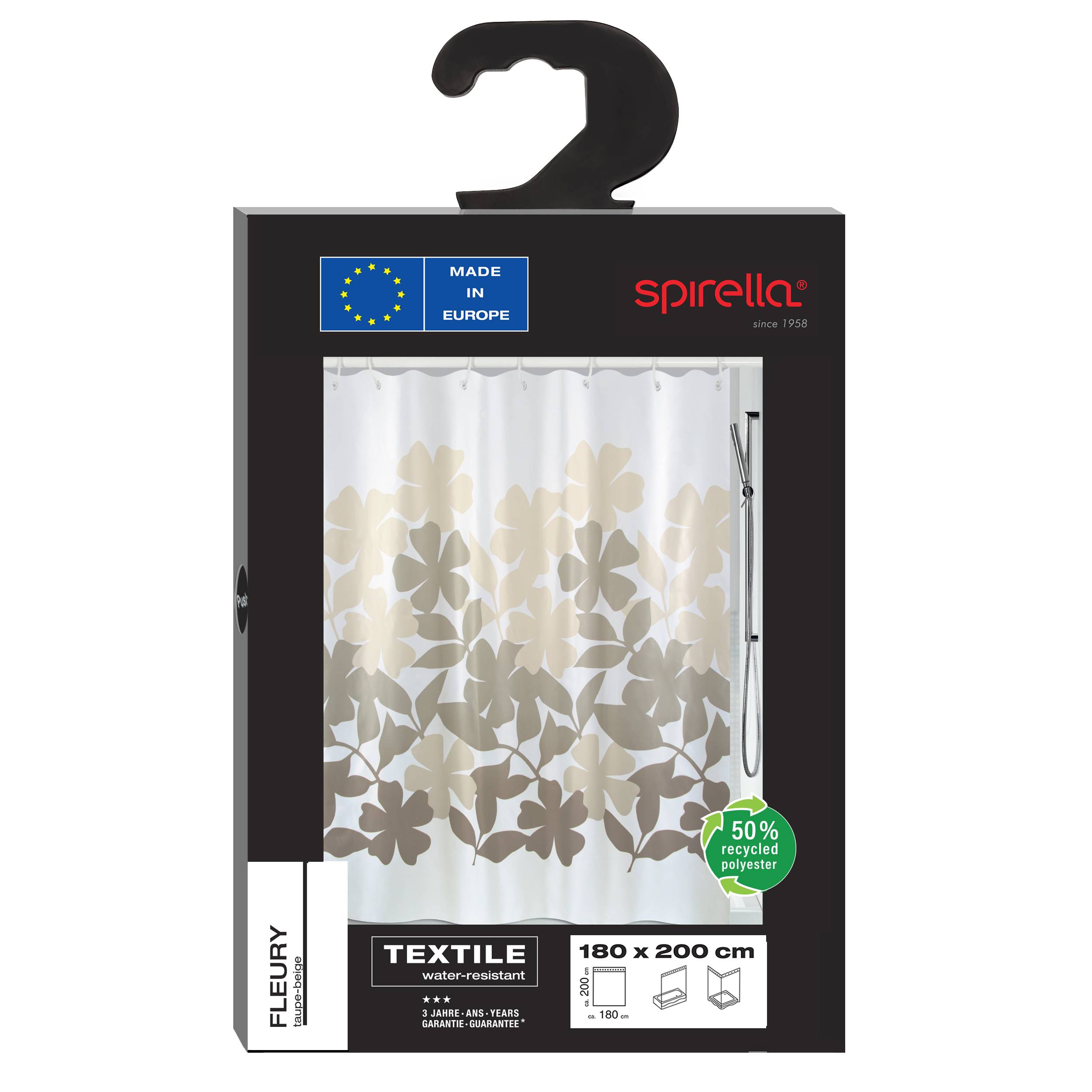 Verpackter Spirella-Duschvorhang mit beige Blumenmuster, gekennzeichnet als "TEXTILE"", 180 x 200 cm, wasserfest, 50% recyceltes Polyester, Made in Europe.