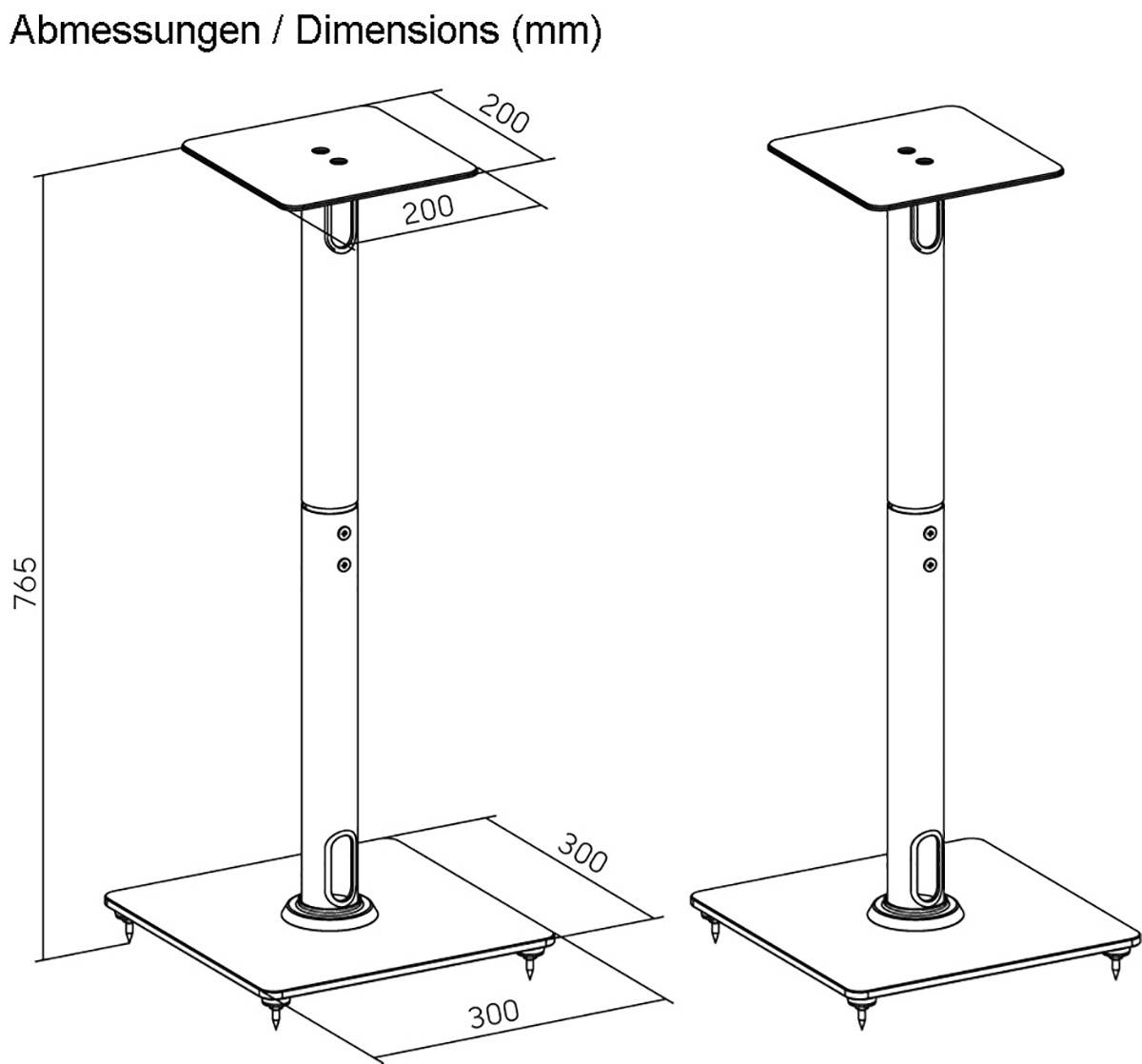 Abmessungsdiagramm eines Sockeltisches oder Ständers mit einer Gesamthöhe von 765 mm, einer Oberplatte von 200 x 200 mm und einem Sockel von 300 x 300 mm.