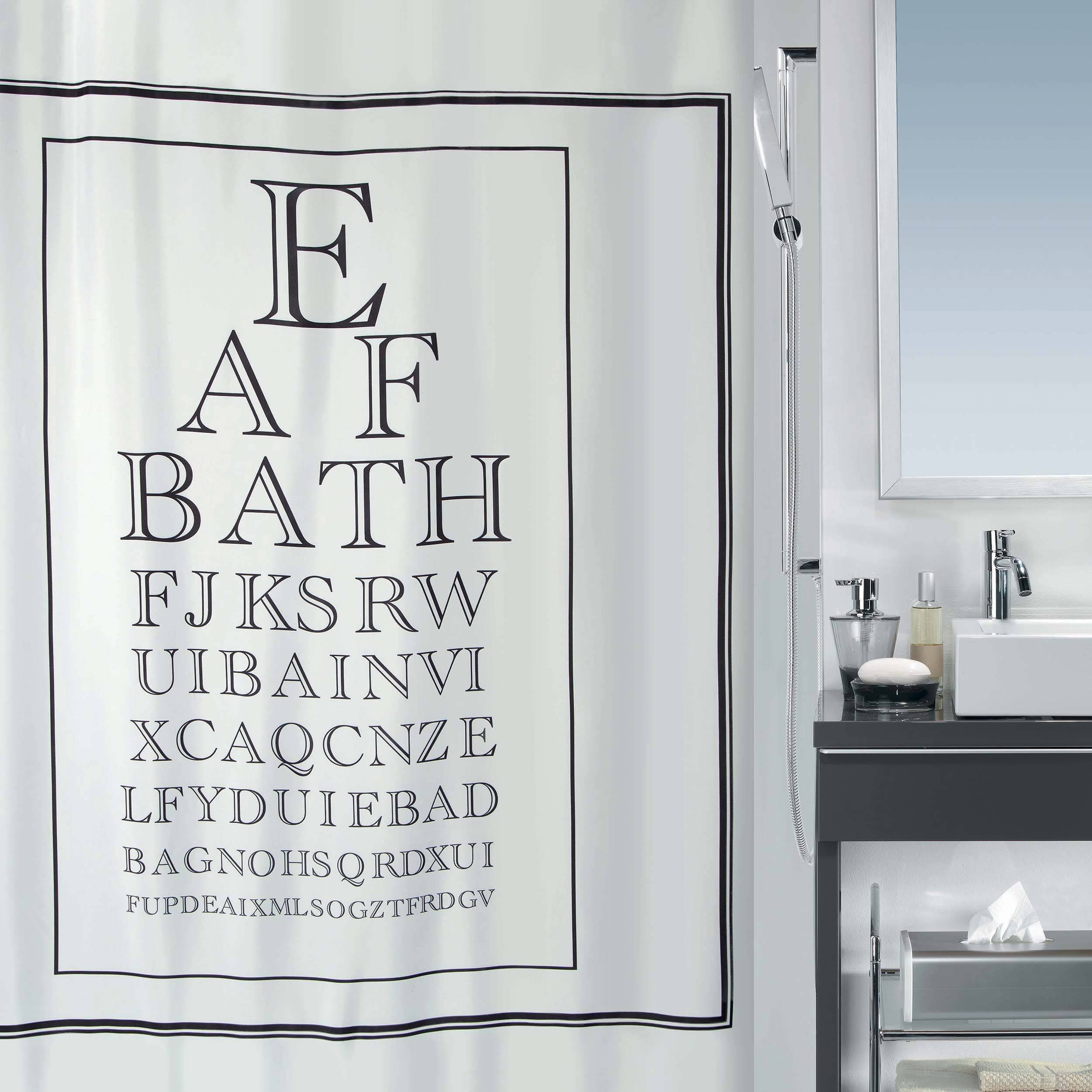 Badezimmerduschvorhang mit einem Augentest-Design, einschließlich der Wörter 