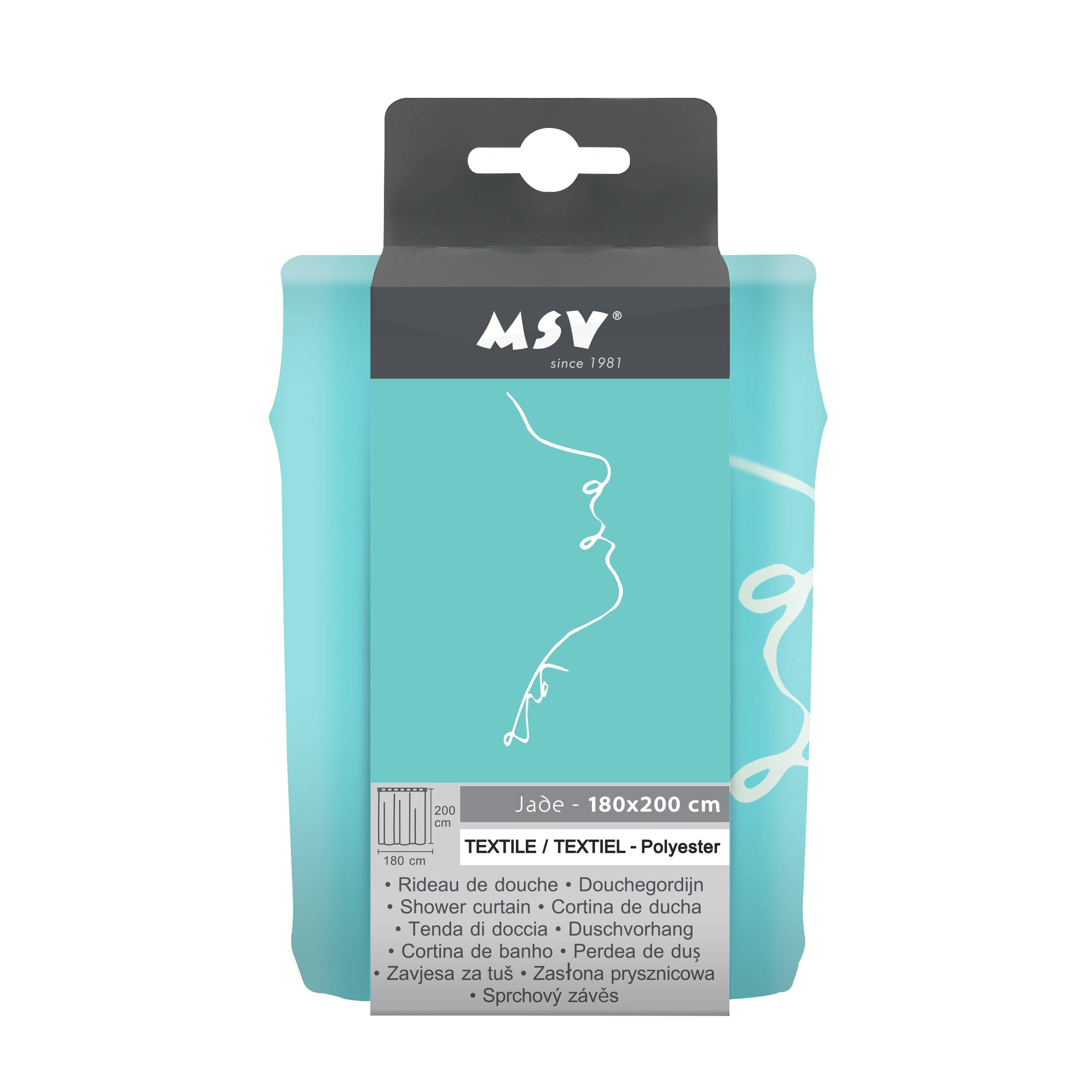 Verpackter türkisfarbener Duschvorhang mit weißem Linienzeichnungs-Profil, beschriftet mit „MSY" und „Jade - 180x200 cm"", Polyester-Textil.