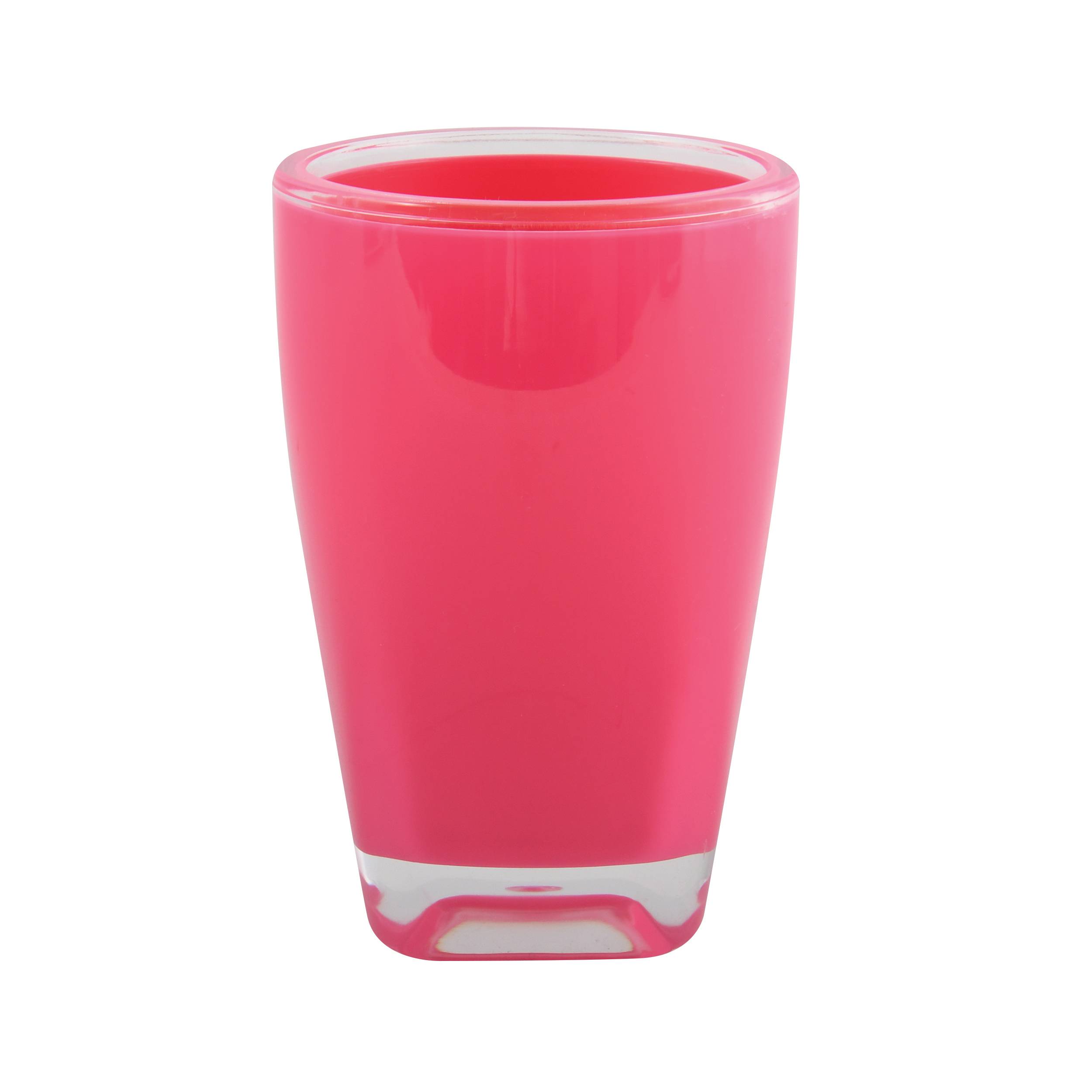 Rosa durchsichtiger Kunststoffbecher mit transparentem Boden, auf weißem Hintergrund gezeigt.