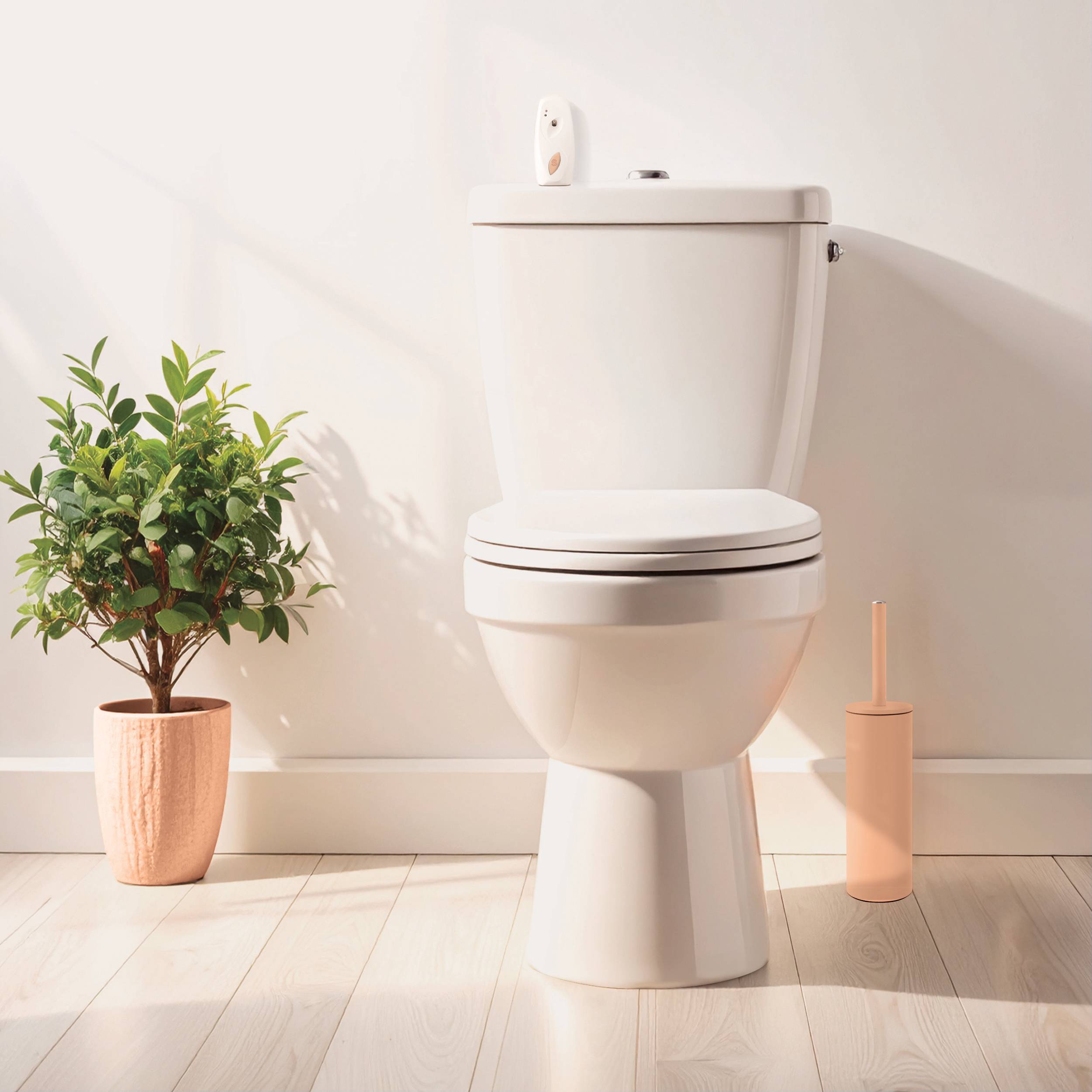 Modernes weißes Klo in einem hellen Badezimmer, mit einer Topfpflanze und einer Toilettenbürste daneben.