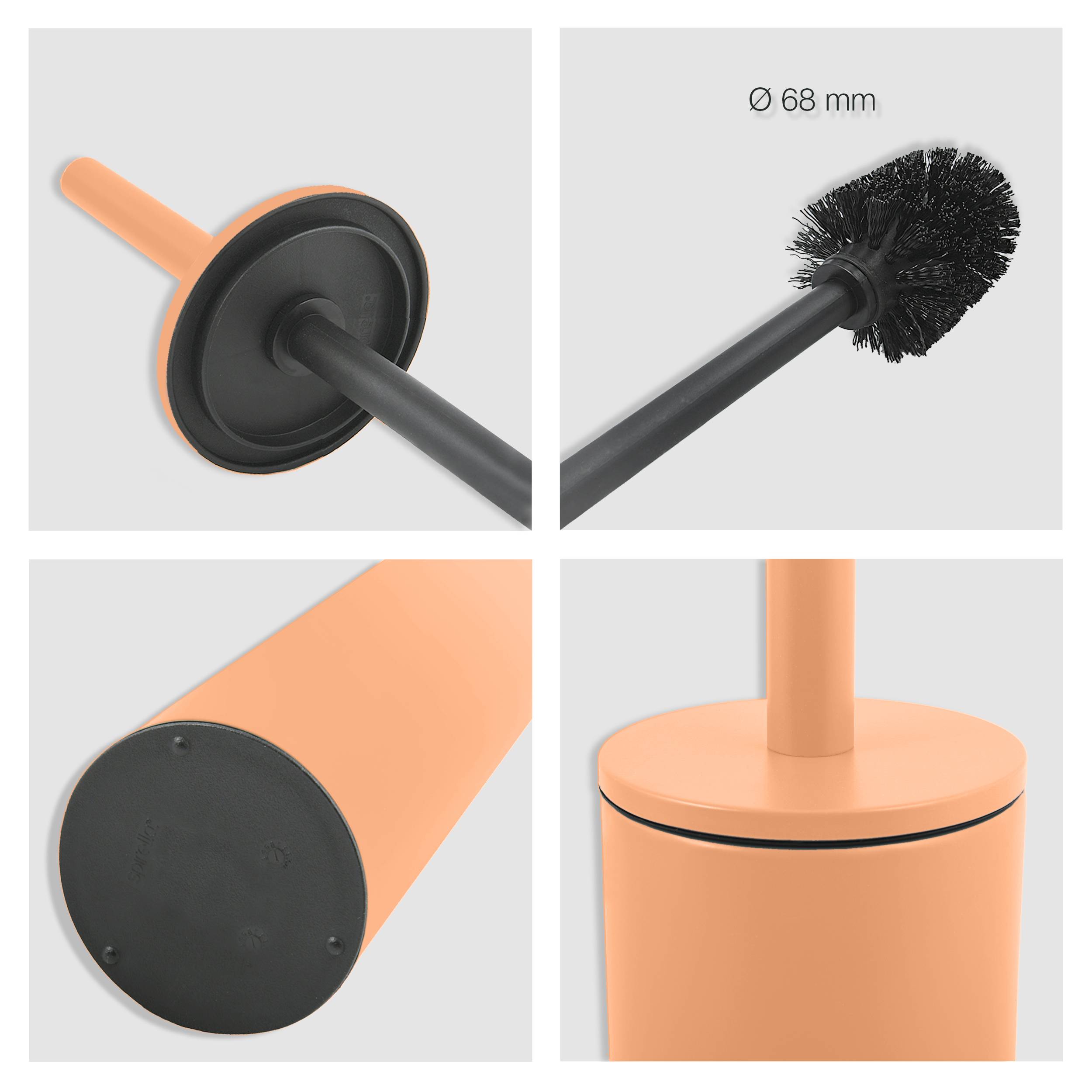 Orange Klobürste mit schwarzen Borsten und rundem Halter, gezeigt in vier Nahaufnahmen einschließlich Größendetail 'Ø 68 mm' und Design von Basis/Griff.
