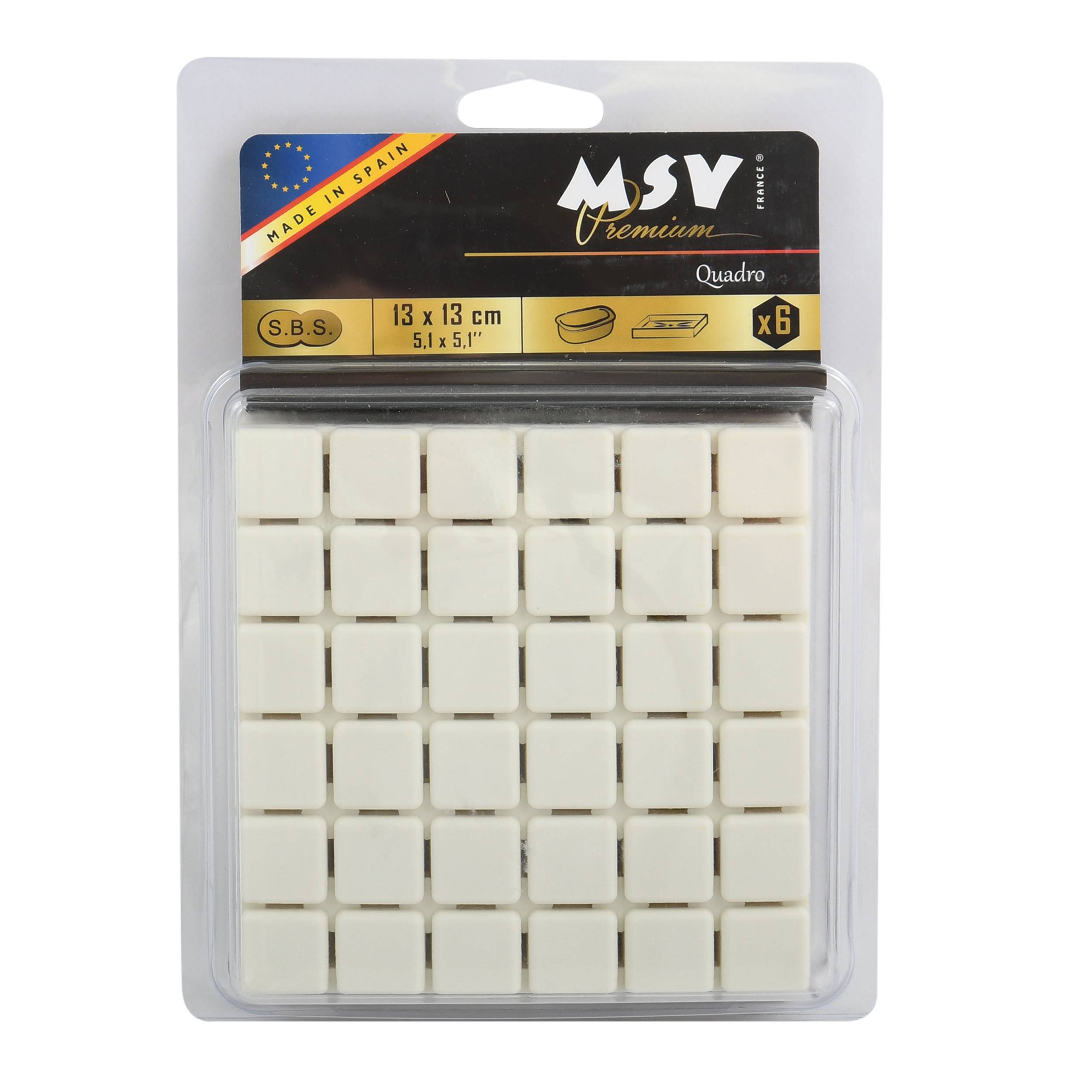Paket mit 36 weißen quadratischen Haftpads, 13 x 13 cm, in transparenter Blisterverpackung mit der Bezeichnung MSV Premium Quadro.