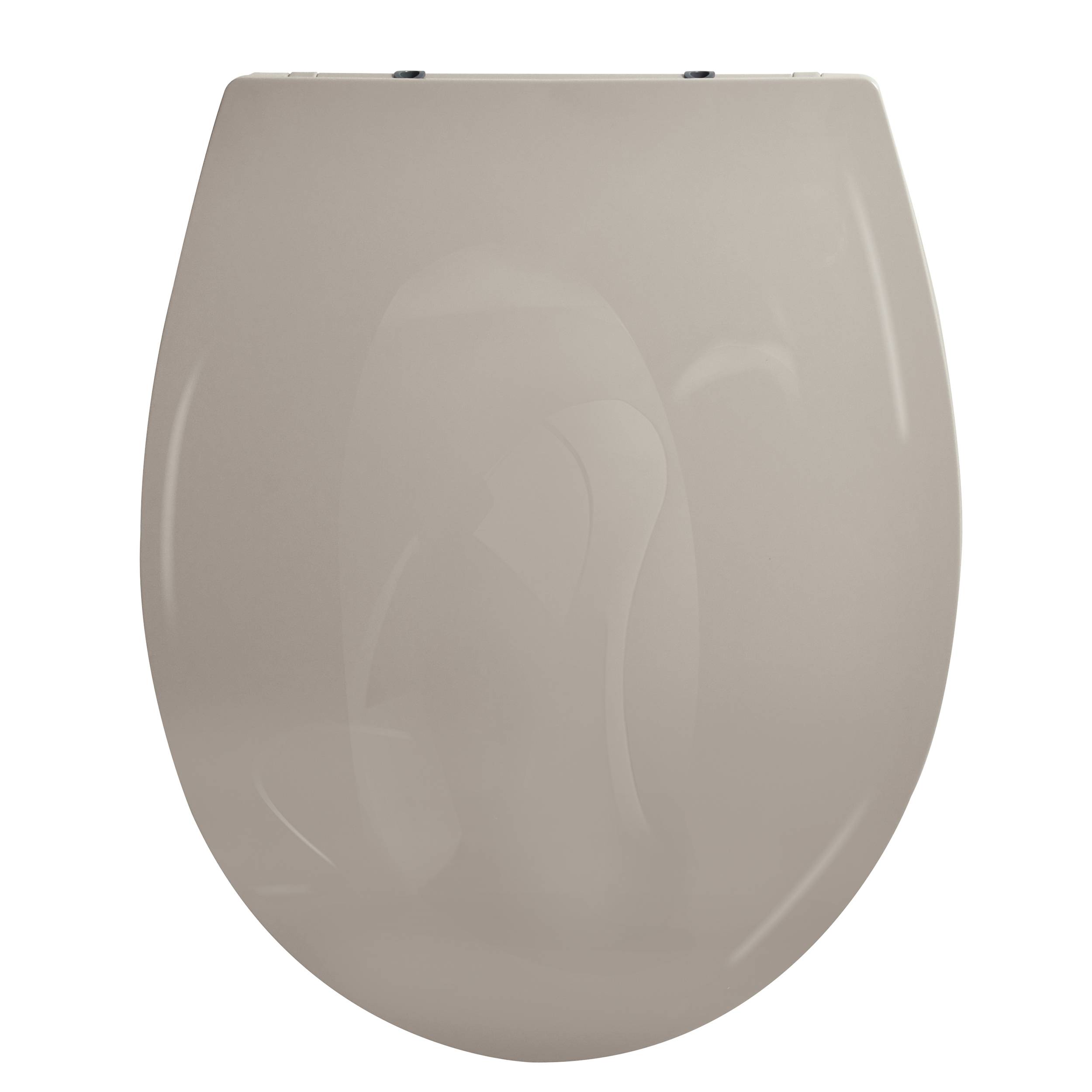 Geschlossener beigefarbener Toilettensitzdeckel von oben auf weißem Hintergrund.