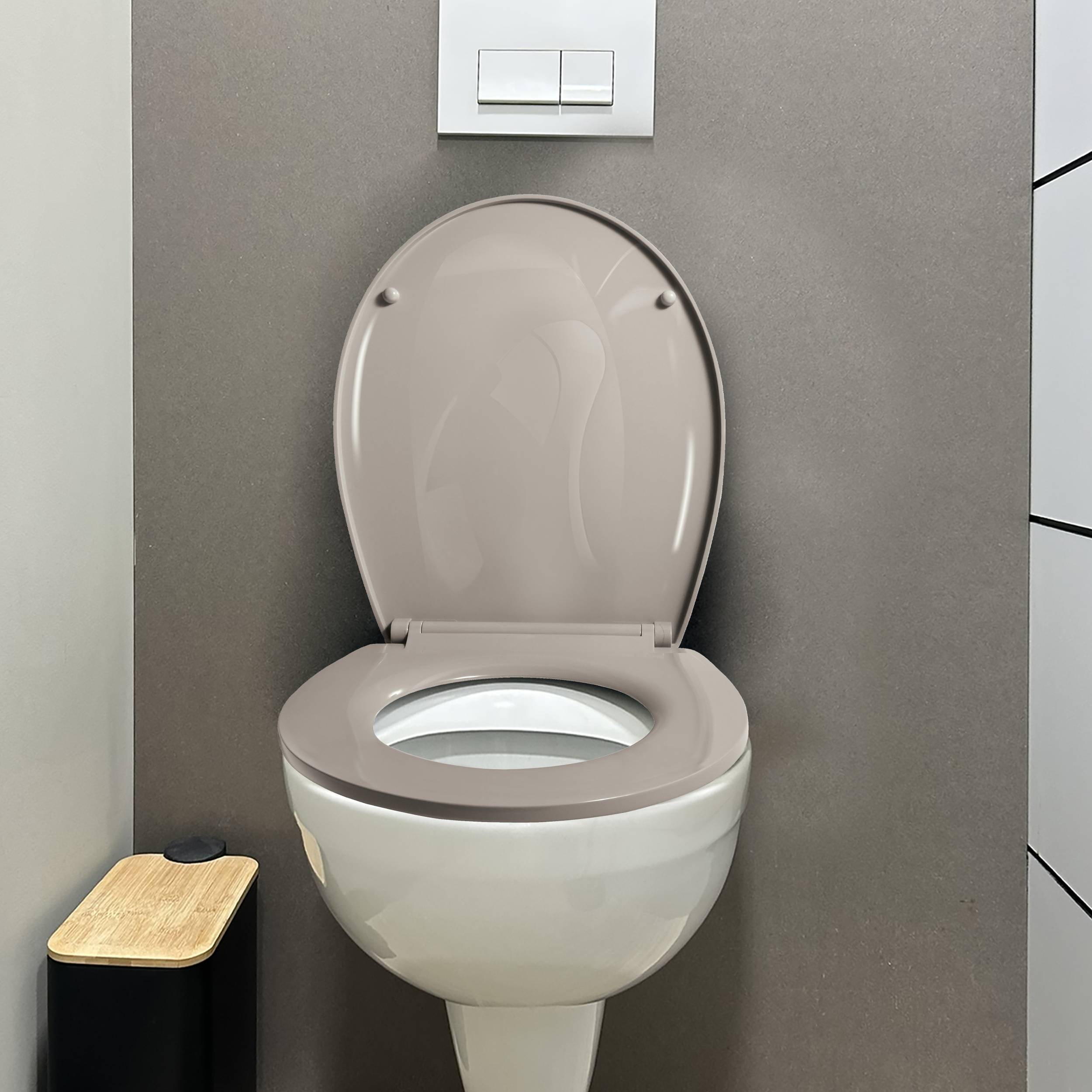 Modernes Hänge-WC mit offenem Deckel in einem kleinen Badezimmer, gezeigt mit einem Dual-Flush-Bedienfeld darüber und einem geschlossenen Mülleimer daneben.