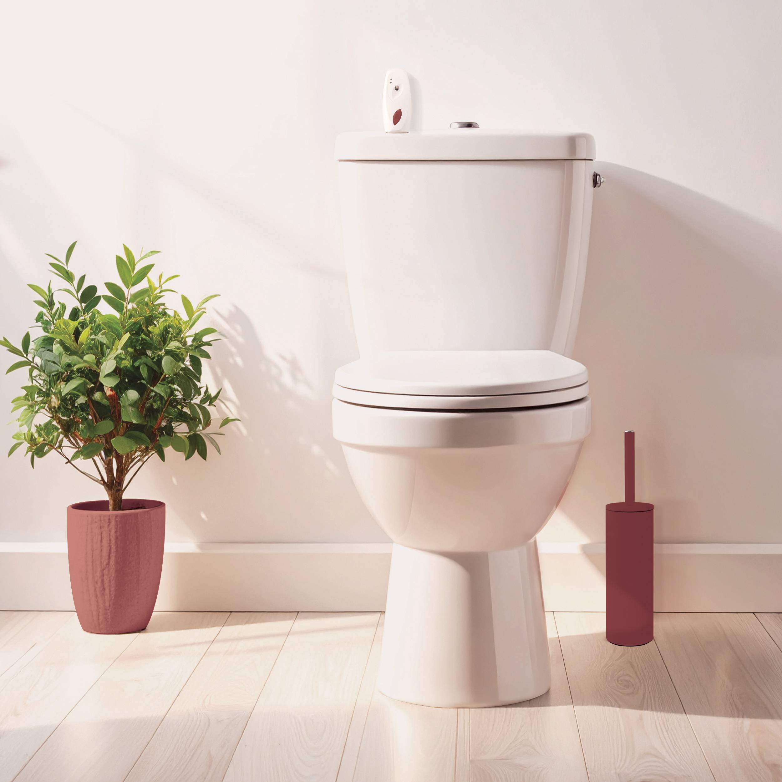 Minimale Badezimmerszene mit einer weißen Toilette in der Mitte, links eine Topfpflanze und rechts ein Toilettenbürstenhalter.