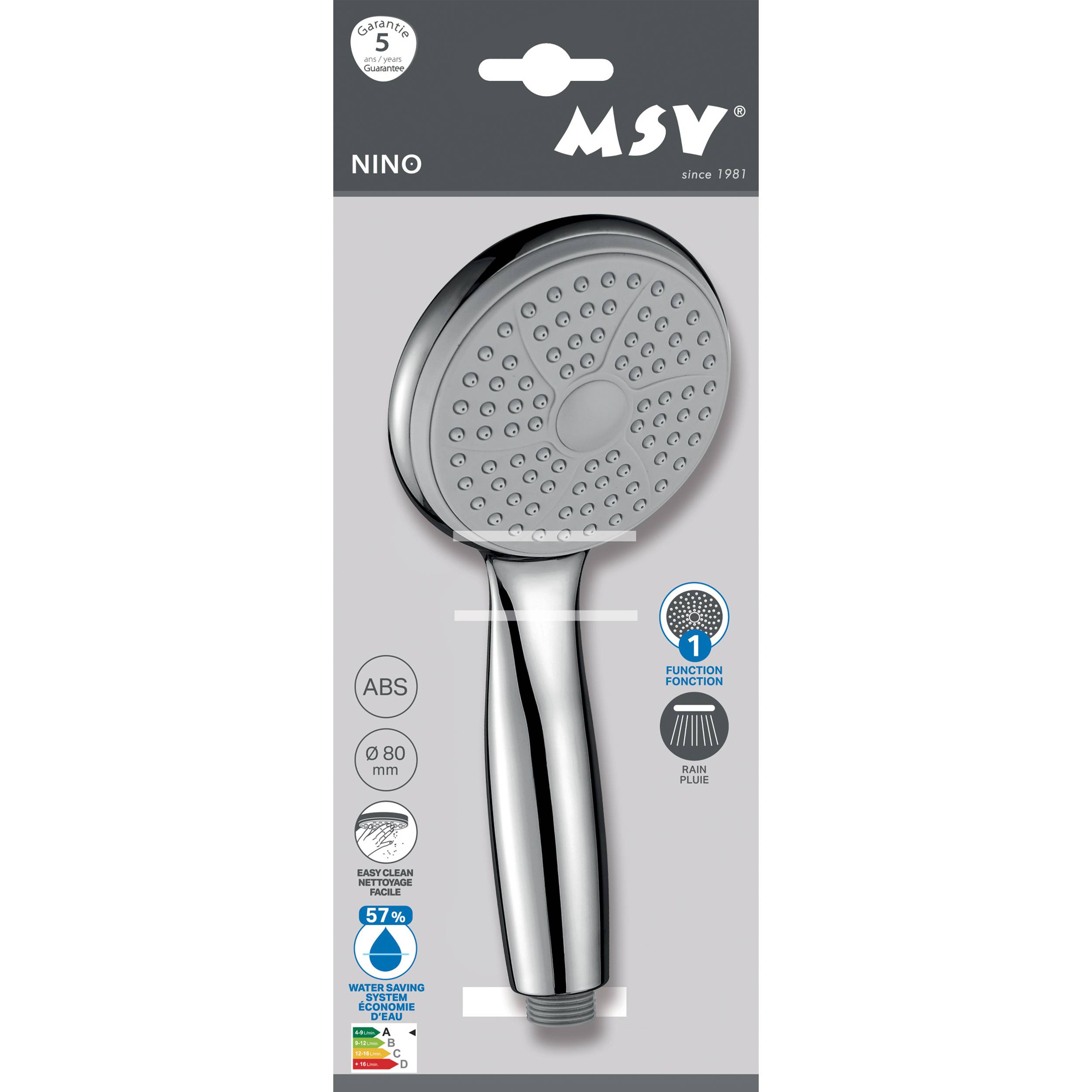 Paket für MSV 'NINO' Handbrause, zeigt einen verchromten runden Duschkopf und Griff mit Symbolen für ABS, 80 mm Größe, Regendusche und 57% Wassereinsparung