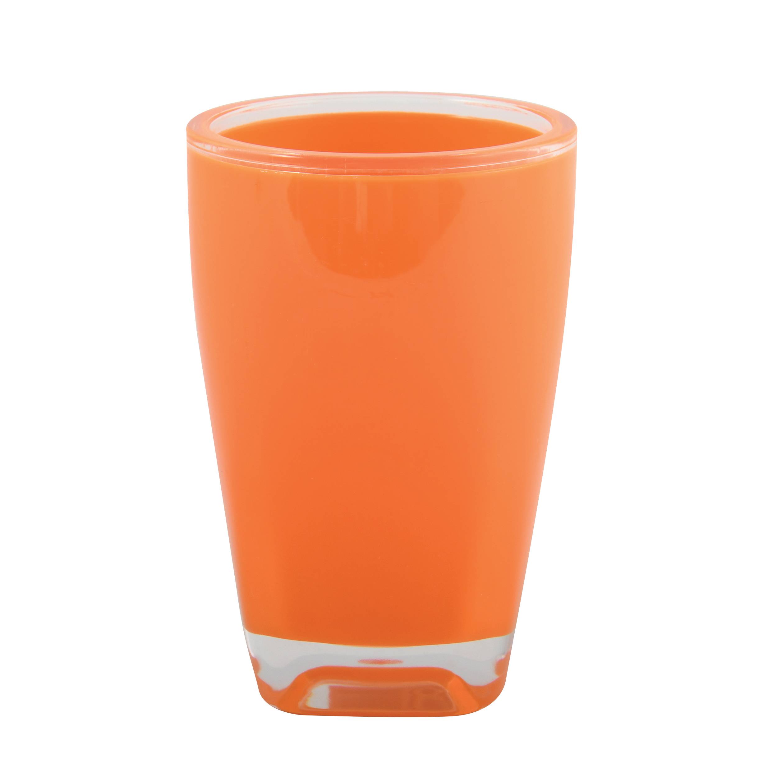 Orange durchsichtiges Trinkglas auf weißem Hintergrund, leer und aufrecht dargestellt.