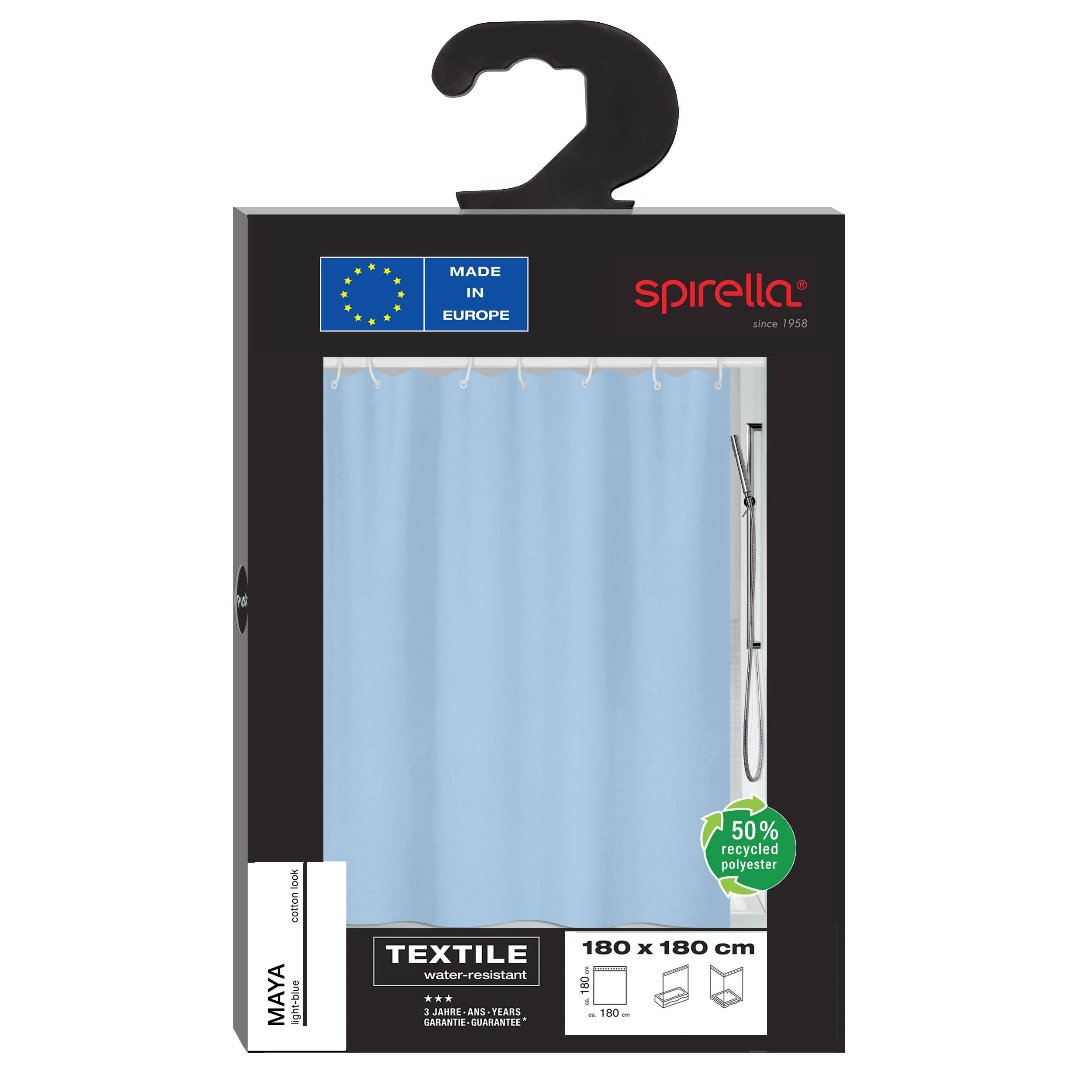Blauer Duschvorhang in Einzelhandelverpackung, gekennzeichnet mit „Spirella" und „Textile"", 180 x 180 cm, hergestellt in Europa, 50% recyceltes Polyester.