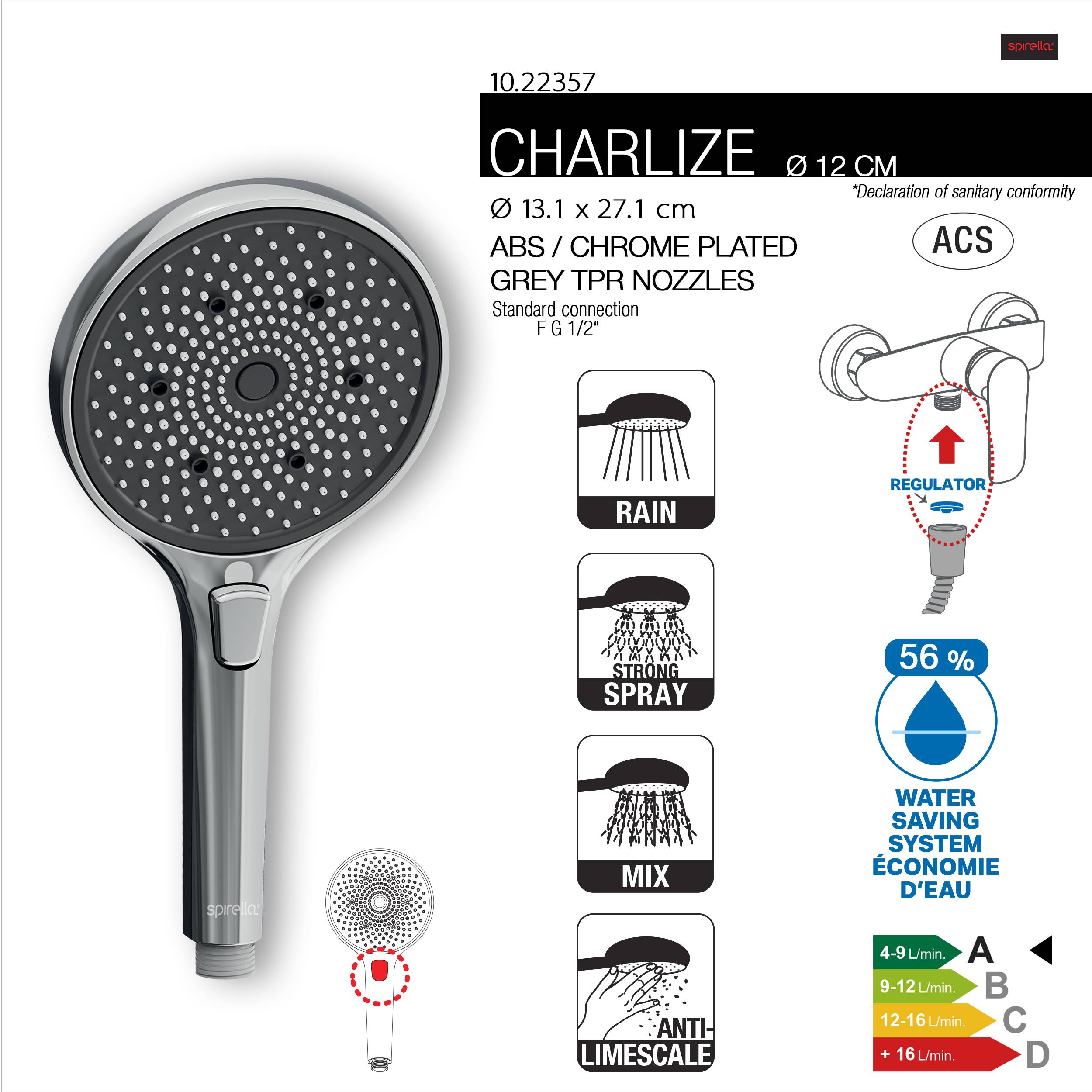 Produktbild eines CHARLIZE 12 cm Duschkopfs, das einen verchromten grauen ABS-Kunststoffkörper mit Pryr-Düsen, 3 Sprühmodi, wassersparendem Regler und 1/2-Zoll-Anschluss zeigt.