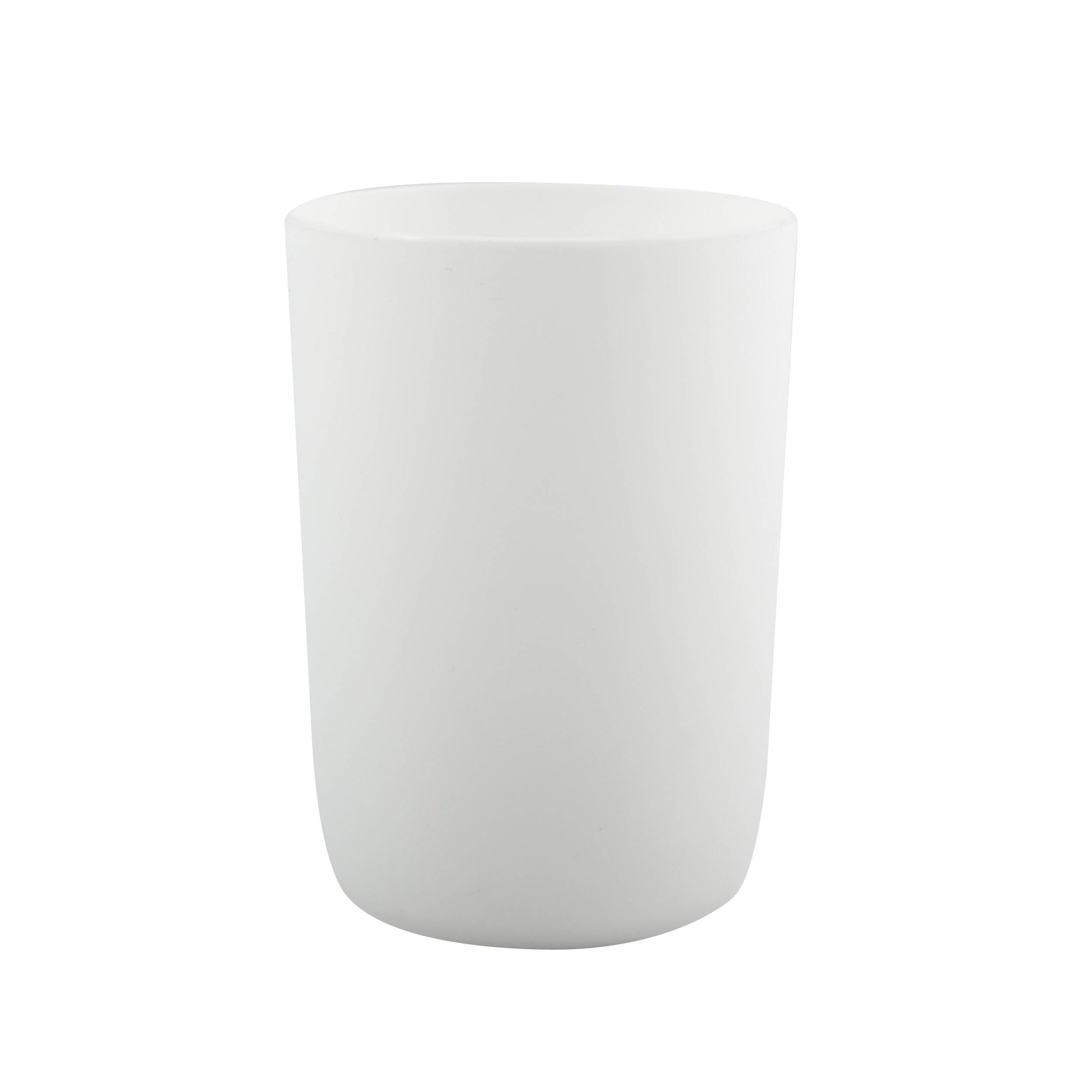 Weißer zylindrischer Becher oder Trinkbecher auf einem einfachen weißen Hintergrund, zentriert und aufrecht dargestellt.