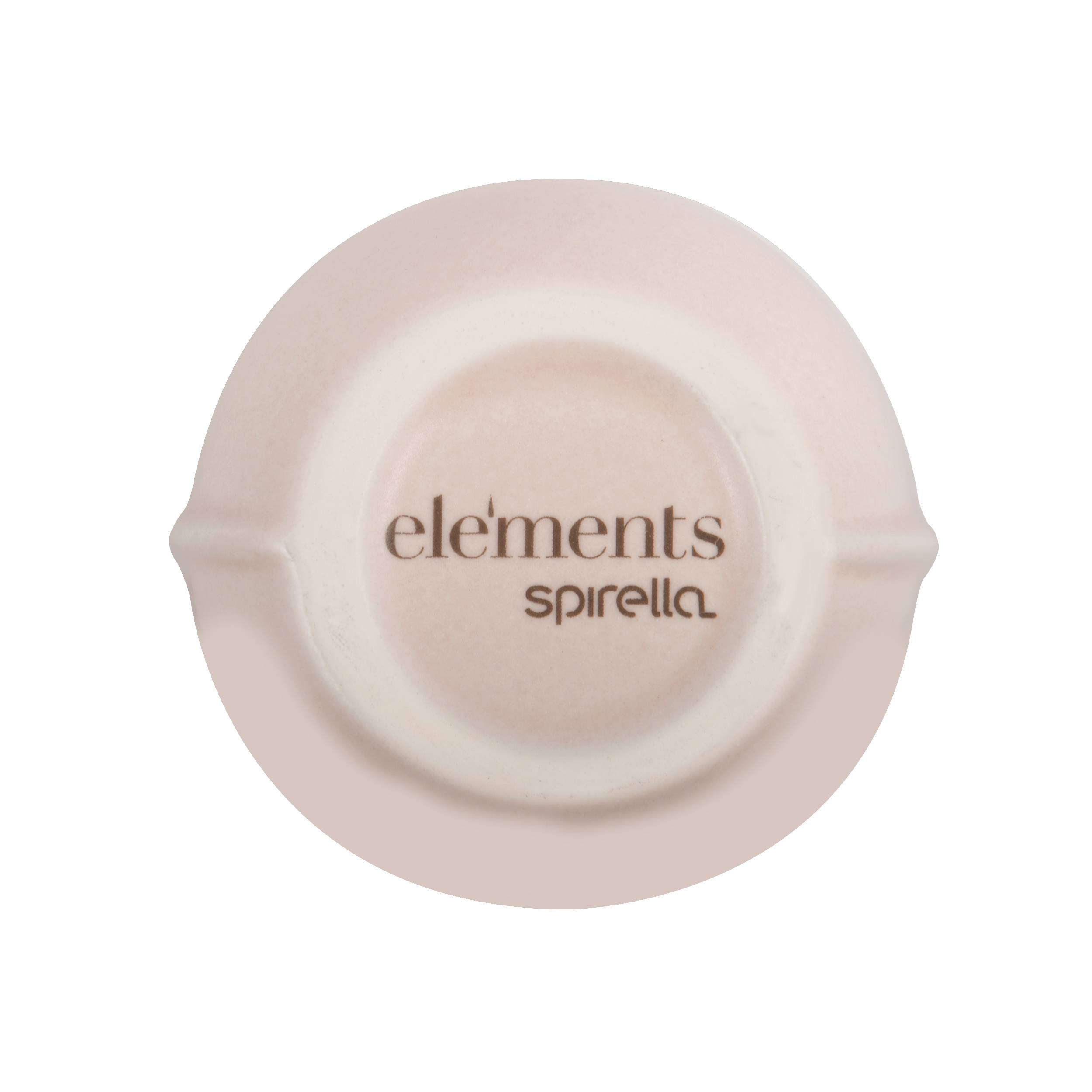 Runder beige Kosmetikdose oder Deckel eines Behälters mit der Aufschrift "elements spirella"" auf weißem Hintergrund.