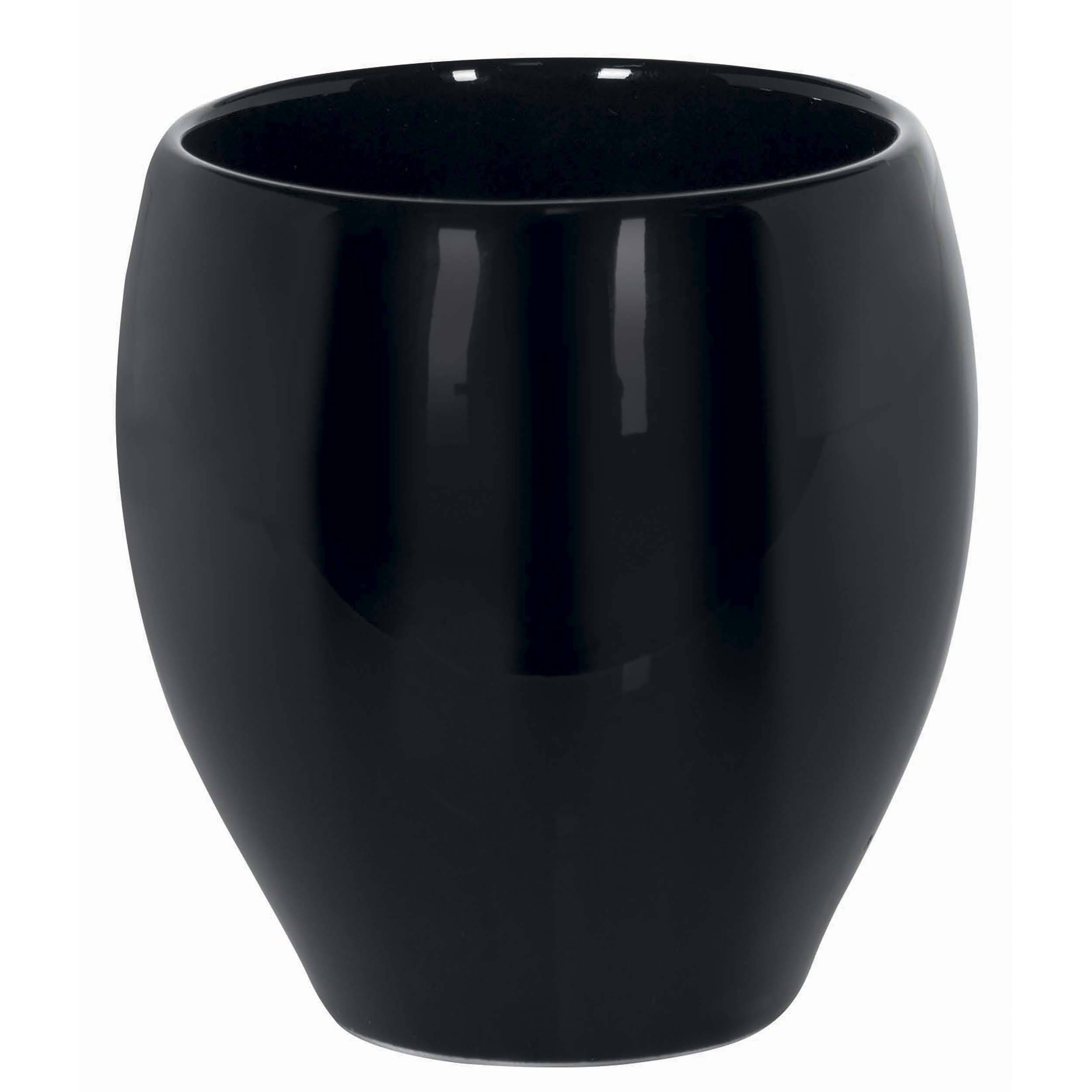 Schwarzer glänzender Keramiktopf oder Vase auf weißem Hintergrund, Vorderansicht gezeigt.