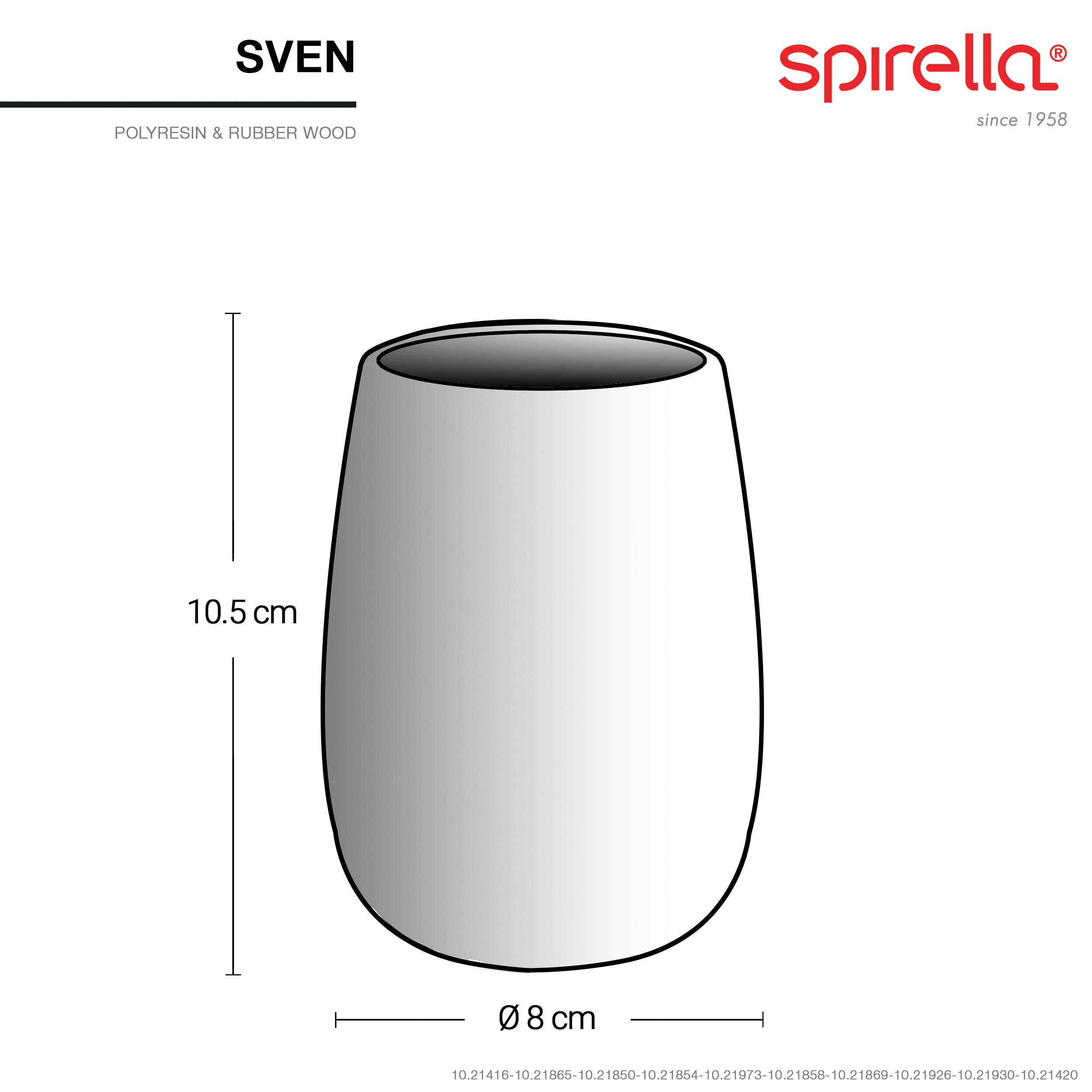 Illustration des Sven-Pflanzgefäßes: weißer, gerundeter Topf, 10,5 cm hoch und 8 cm Durchmesser, mit Spirella-Branding.