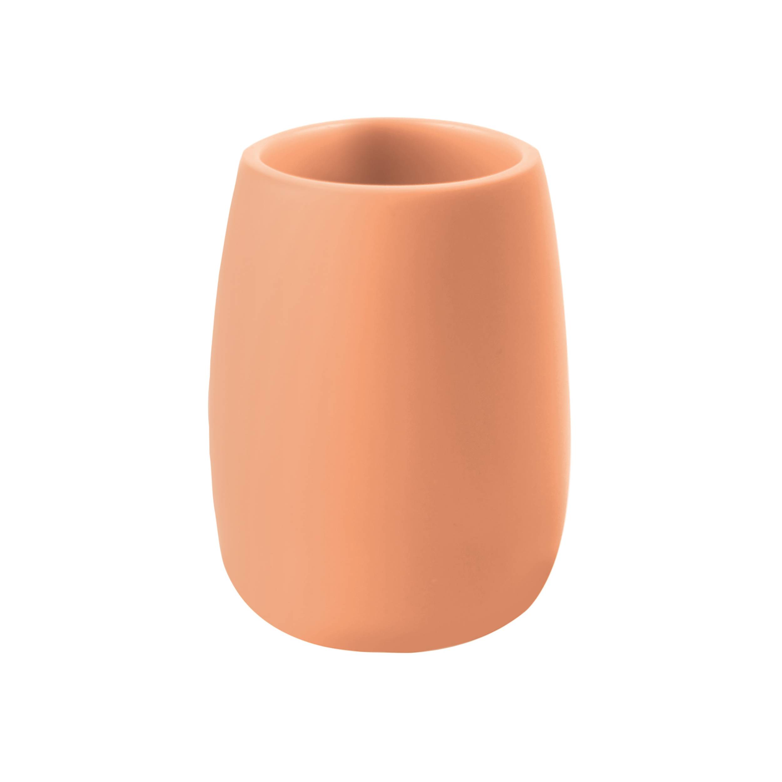 Ein einfacher, pfirsichfarbener zylindrischer Becher oder Krug mit glatter, matter Oberfläche auf weißem Hintergrund.
