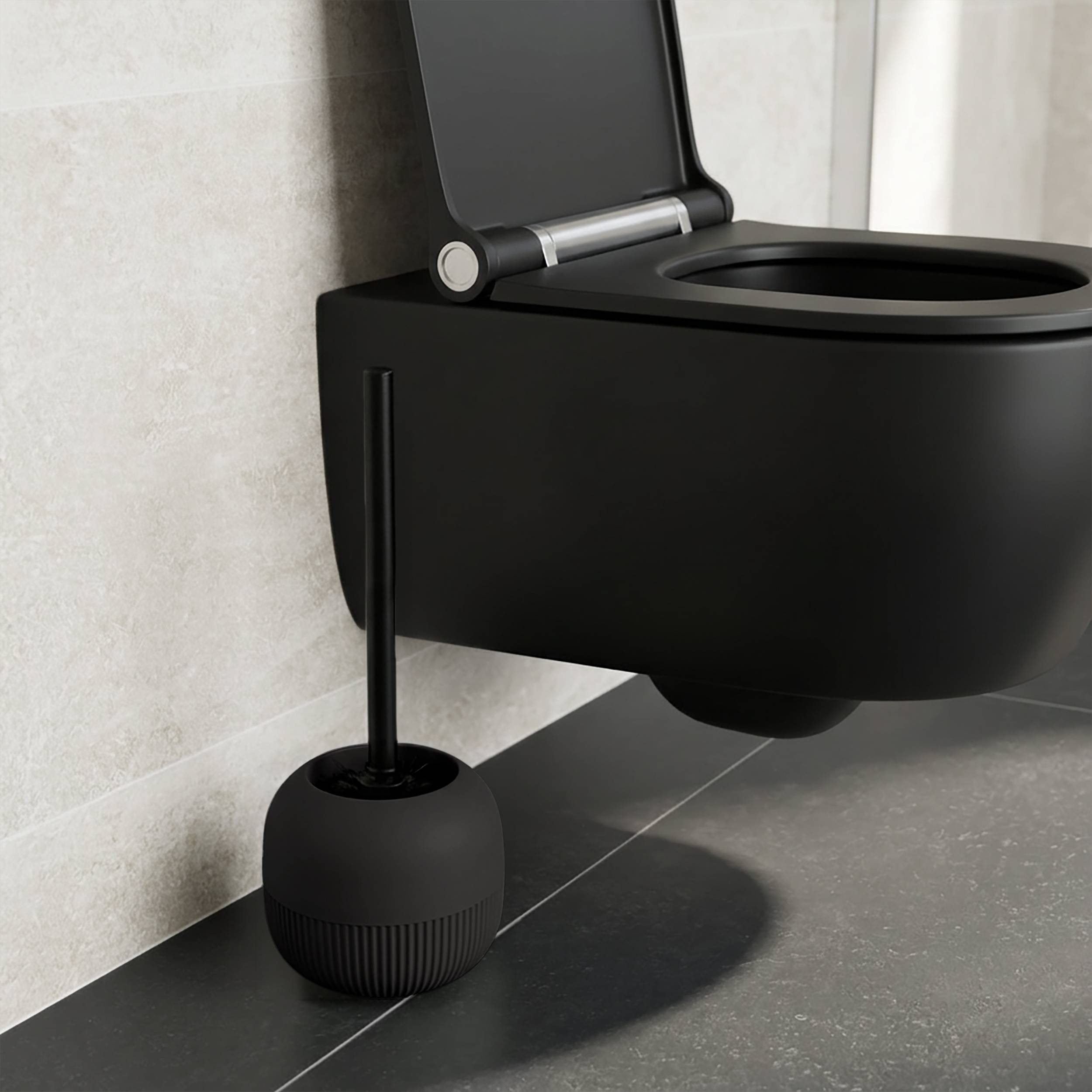 MSV - Gino Schwarze Toilettenbürste - 9,1 x 9,1 x 37,4 cm - Modernes und Elegantes Design - Langer ergonomischer Griff - Stabiler spritzwassergeschü