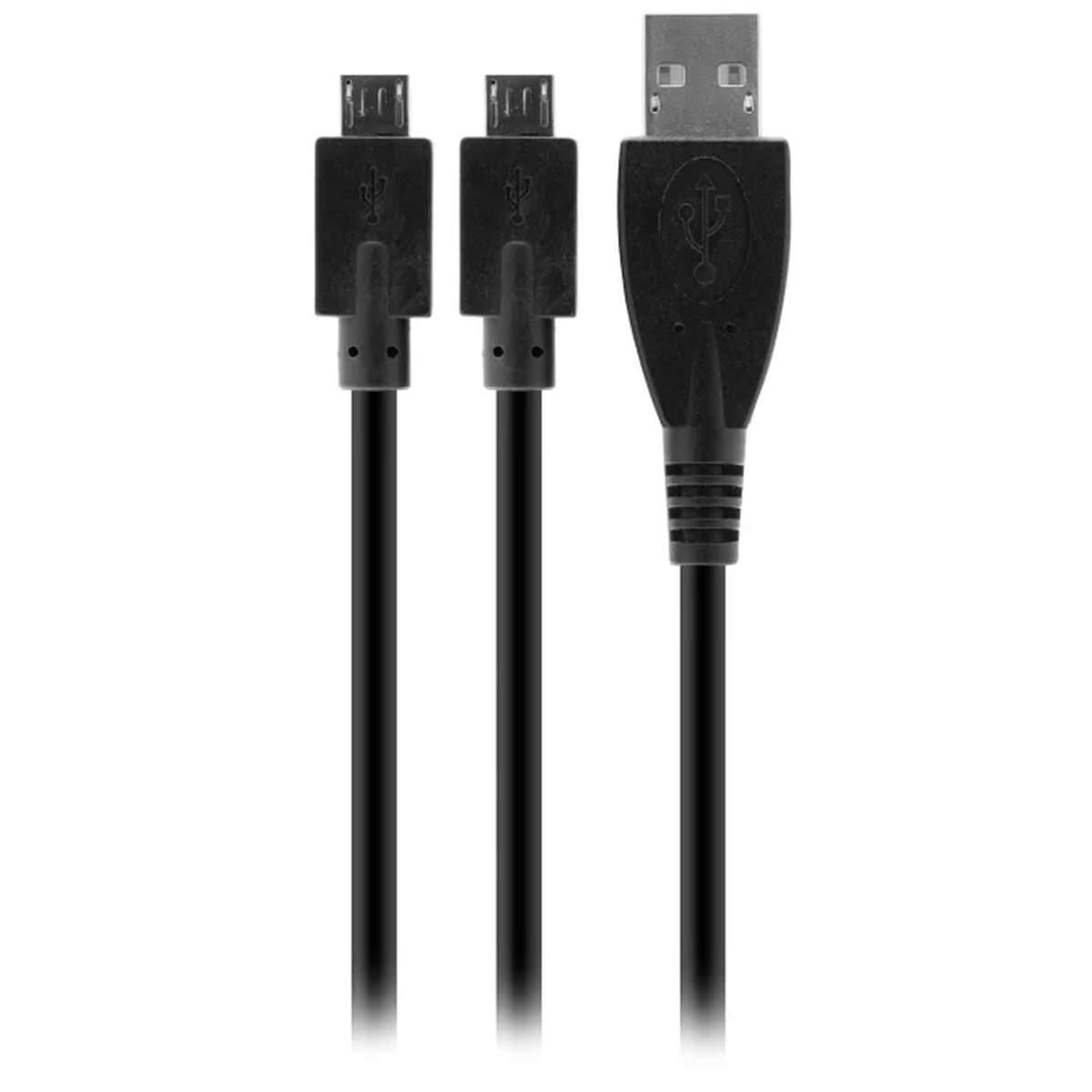Drei schwarze USB-Kabel mit Standard-USB-A-Anschlüssen an einem Ende und Mini-USB-Anschlüssen am anderen Ende vor weißem Hintergrund.