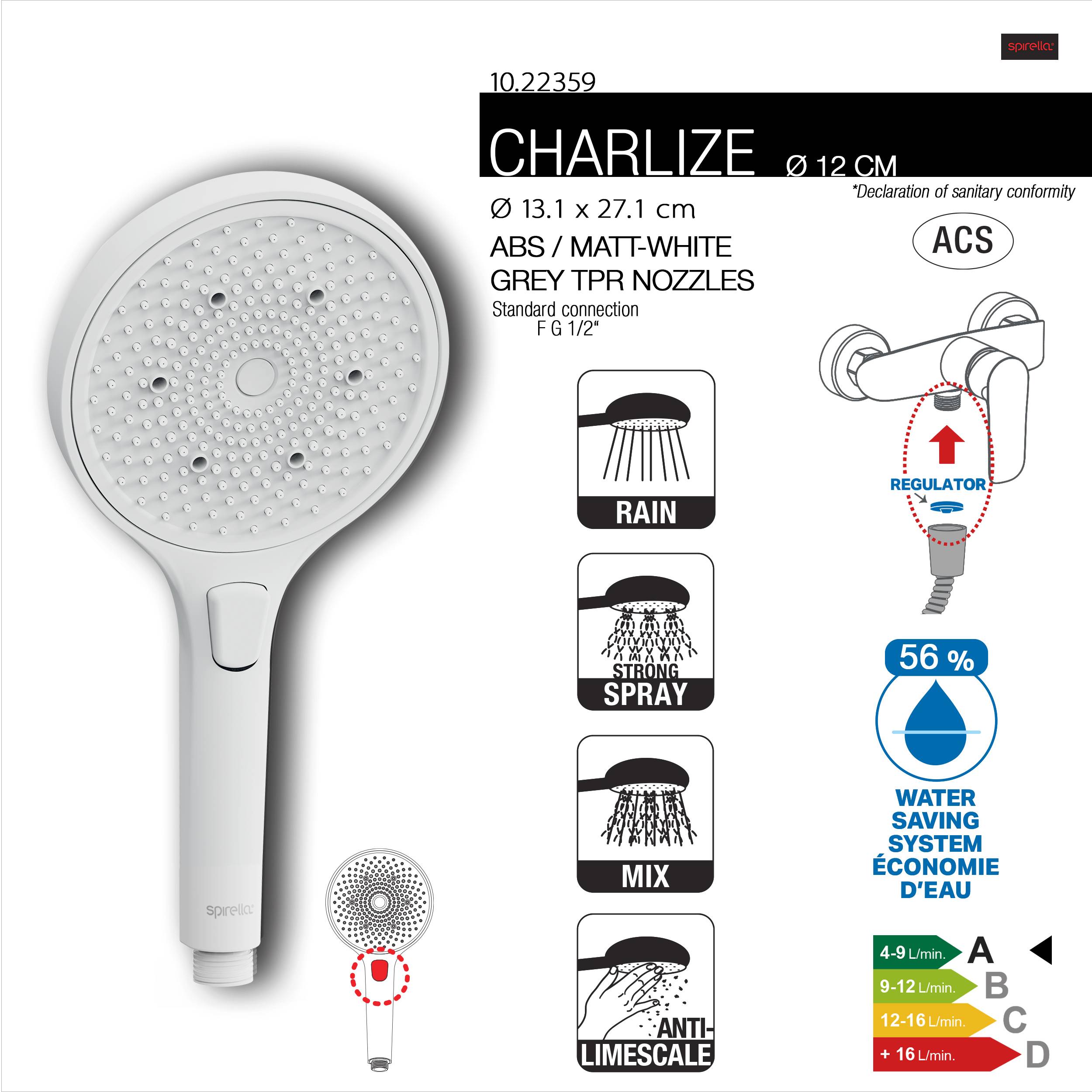 Spirella Handbrause Charlize 3 Strahlarten, 12 cm Brausekopf, ABS, Duschkopf für Badezimmer, Mattweiß