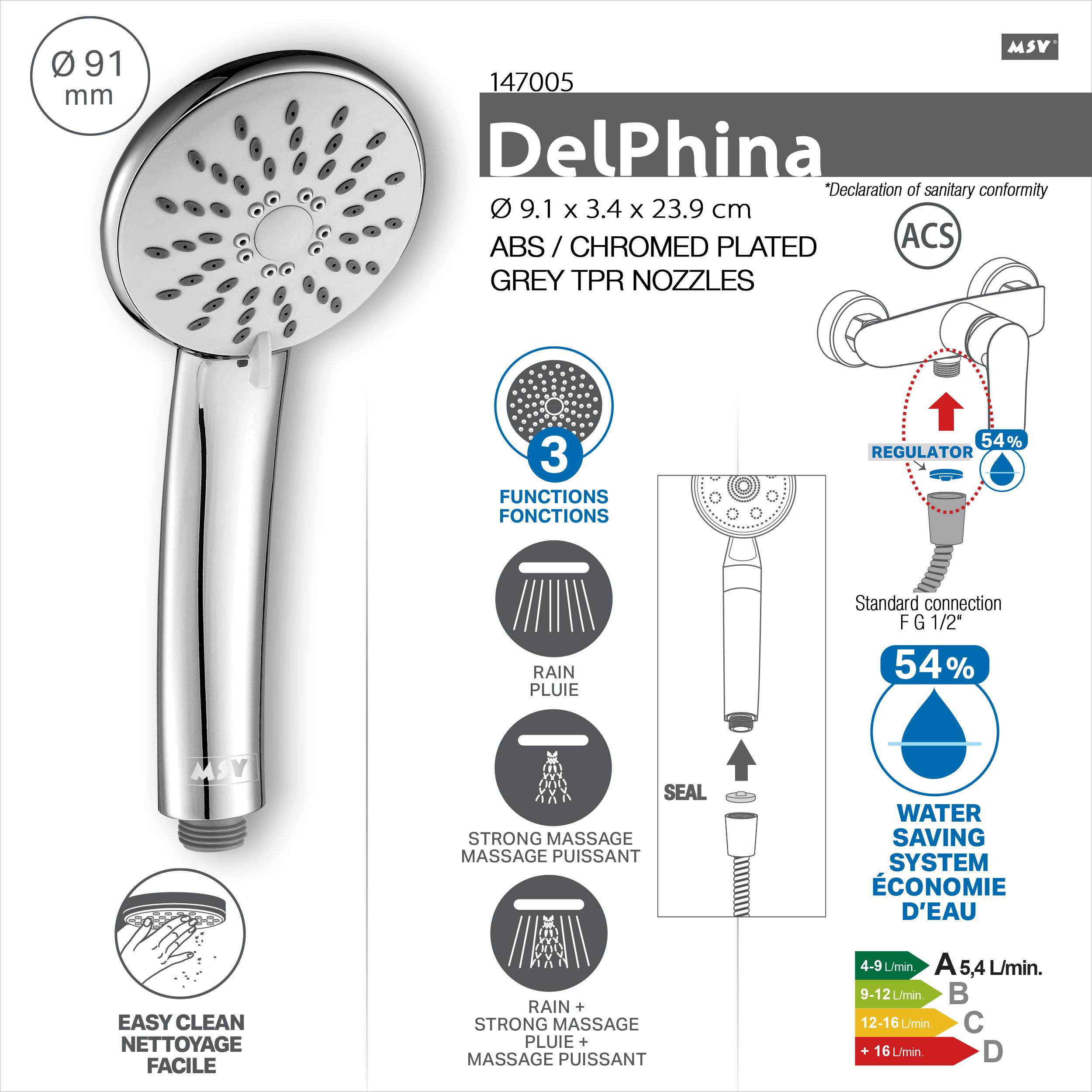 MSV Handbrause Delfina 3 Strahlarten, 1 cm Brausekopf, ABS, Duschkopf für Badezimmer