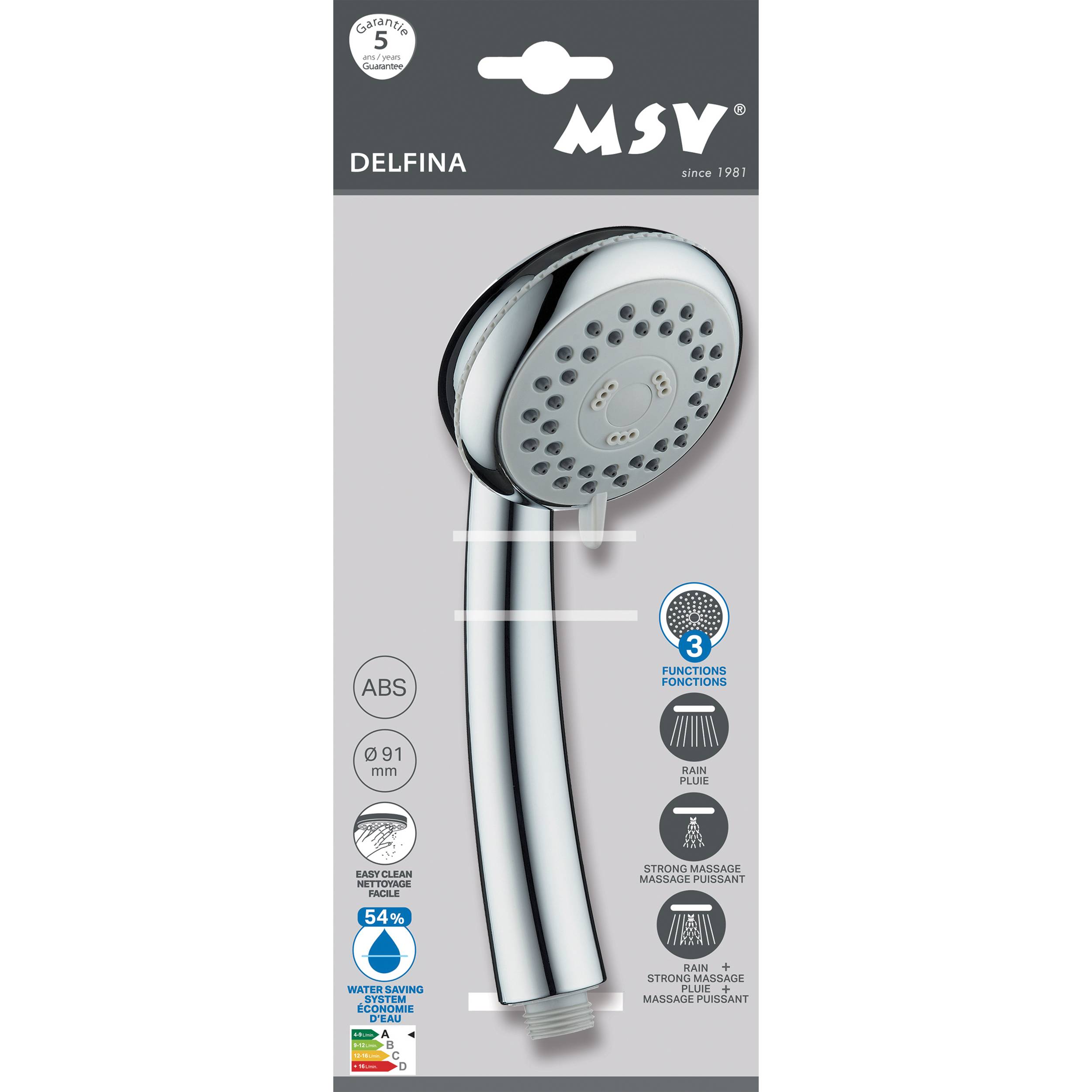 MSV Handbrause Delfina 3 Strahlarten, 1 cm Brausekopf, ABS, Duschkopf für Badezimmer