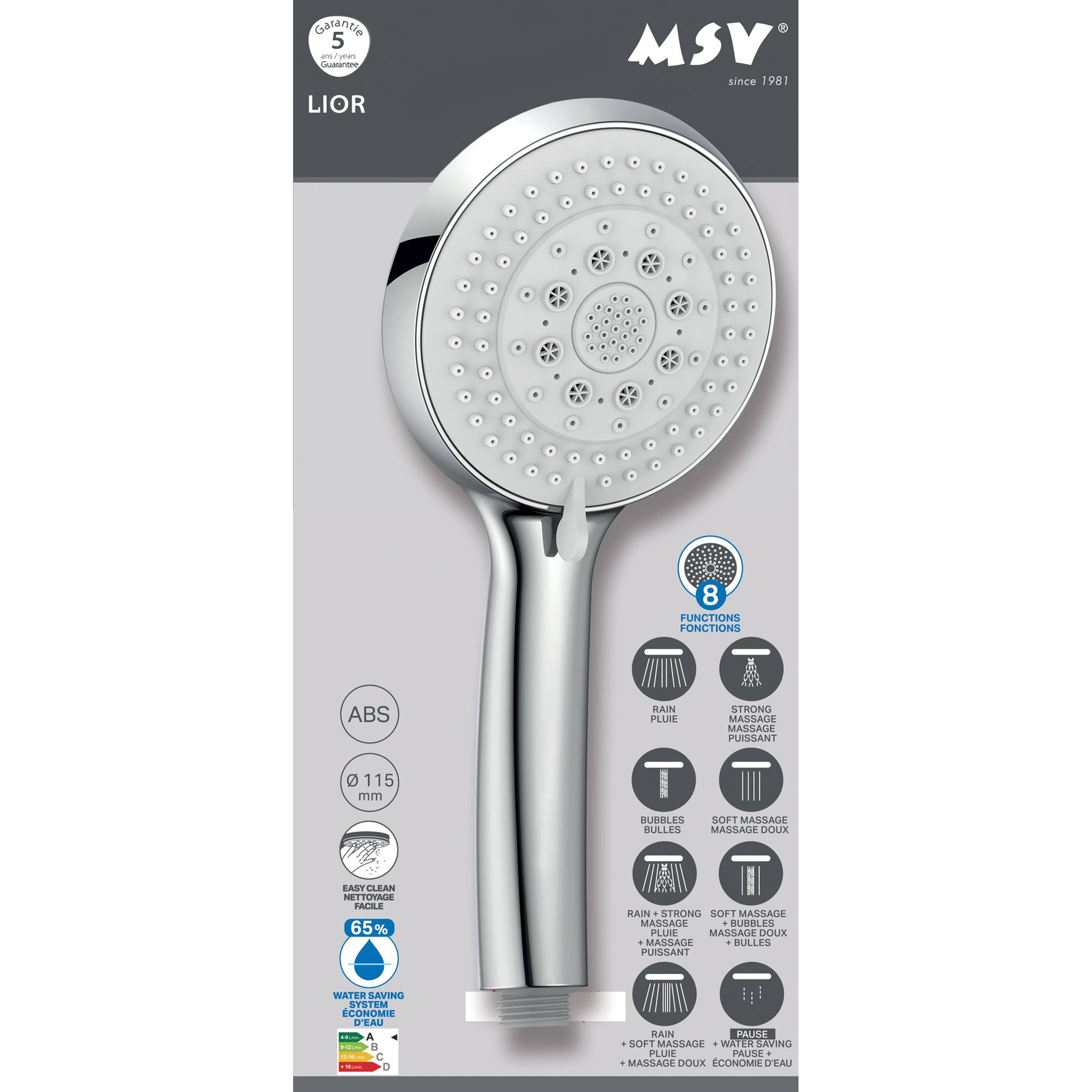 MSV Handbrause Lior 8 Strahlarten, 5 cm Brausekopf, ABS, Duschkopf für Badezimmer